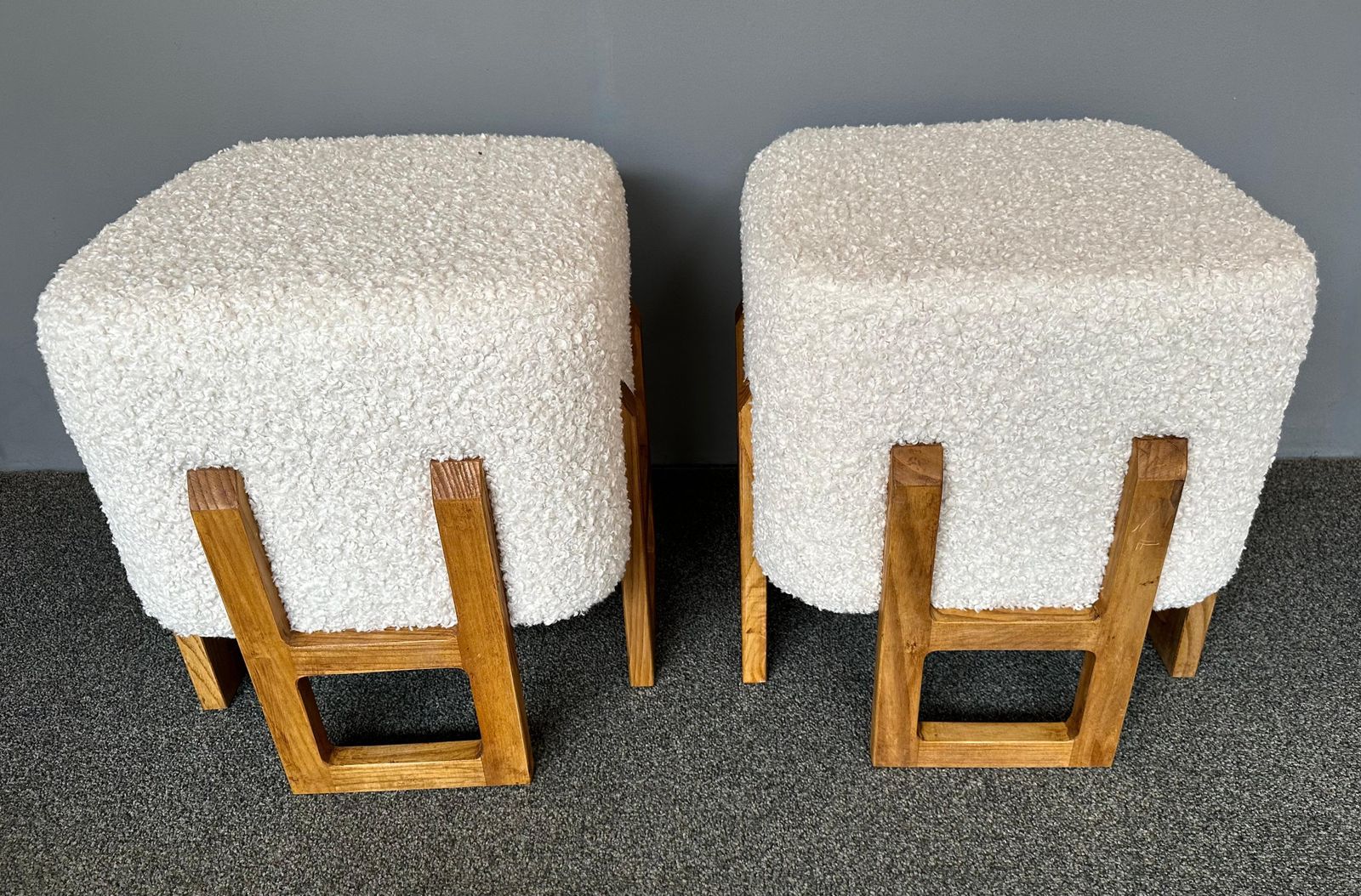3426.0 Contemporary Pair Of Wood Stools And Bouclé Fabric. Italy photo