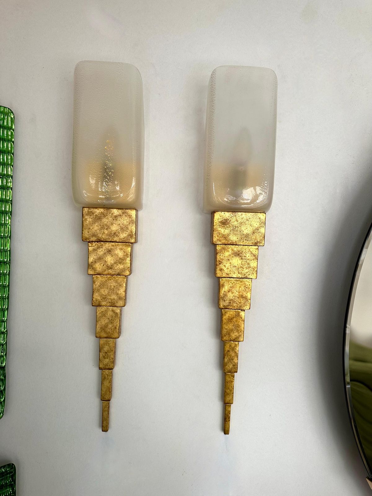 Pair Of Gold Leaf Murano Glass And Gilt Wood Sconces By Terzani, Italy, 1990s photo Lighting