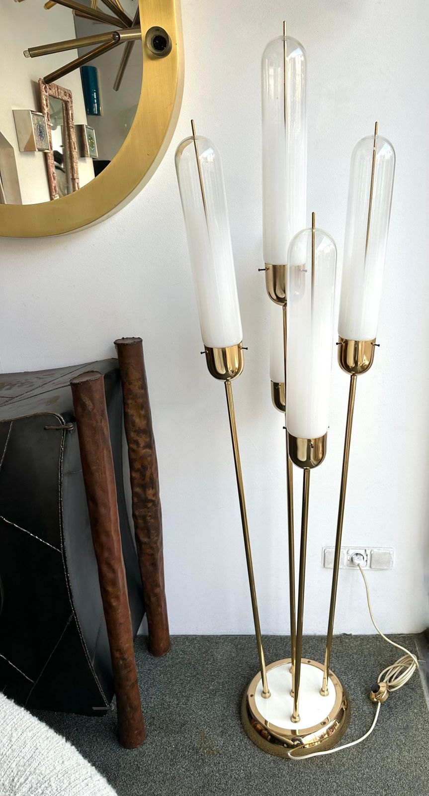 Mid Century Modern Brass Reed Floor Lamp Murano Glass By Mazzega, Italy, 1970s photo for sale