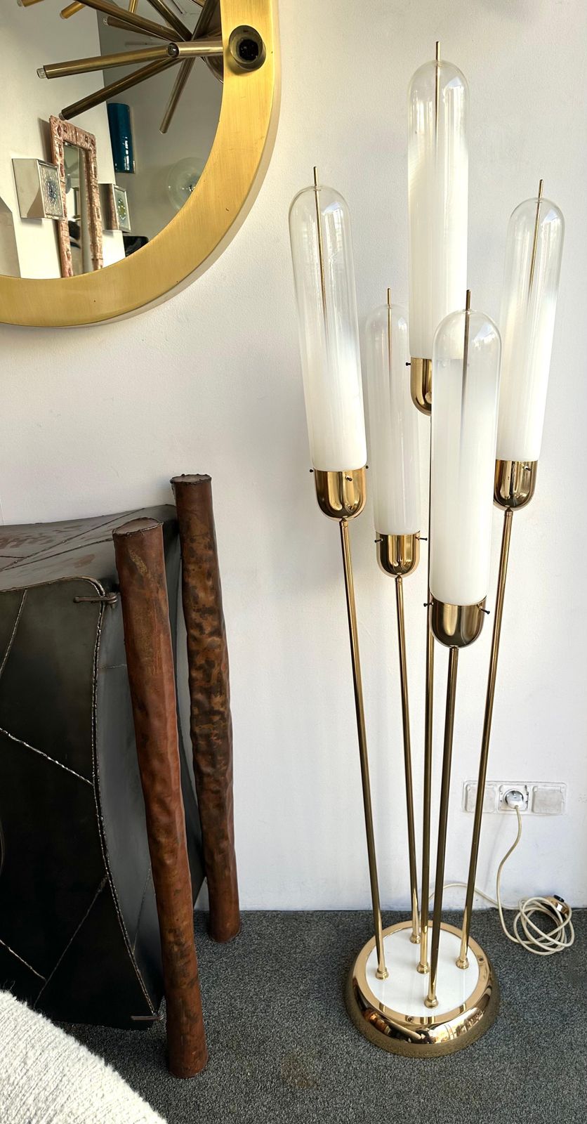 Mid Century Modern Brass Reed Floor Lamp Murano Glass By Mazzega, Italy, 1970s photo 4968.0