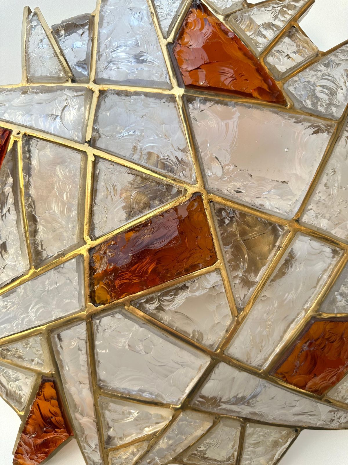 photo for sale Large Pair Of Hammered Glass Gilt Wrought Iron Sconces By Longobard, Italy 1970s