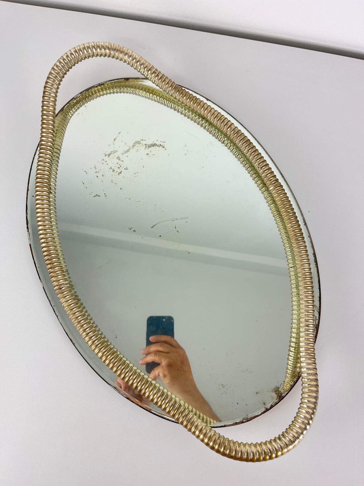 Italian Art Deco Oval Tray Brass And Mirrored Glass In The Style Of Fontana Arte photo furniture