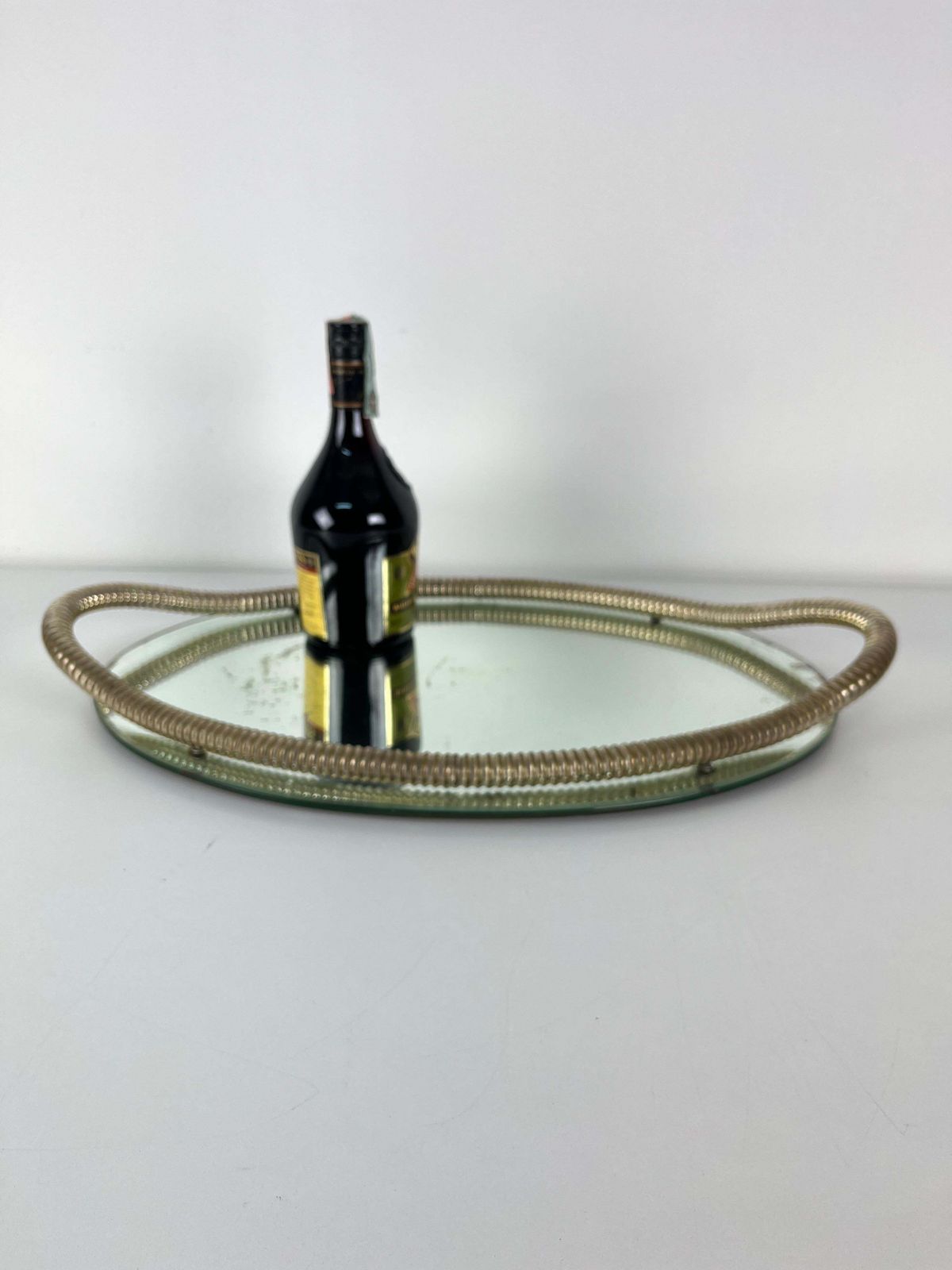 Italian Art Deco Oval Tray Brass And Mirrored Glass In The Style Of Fontana Arte photo for sale