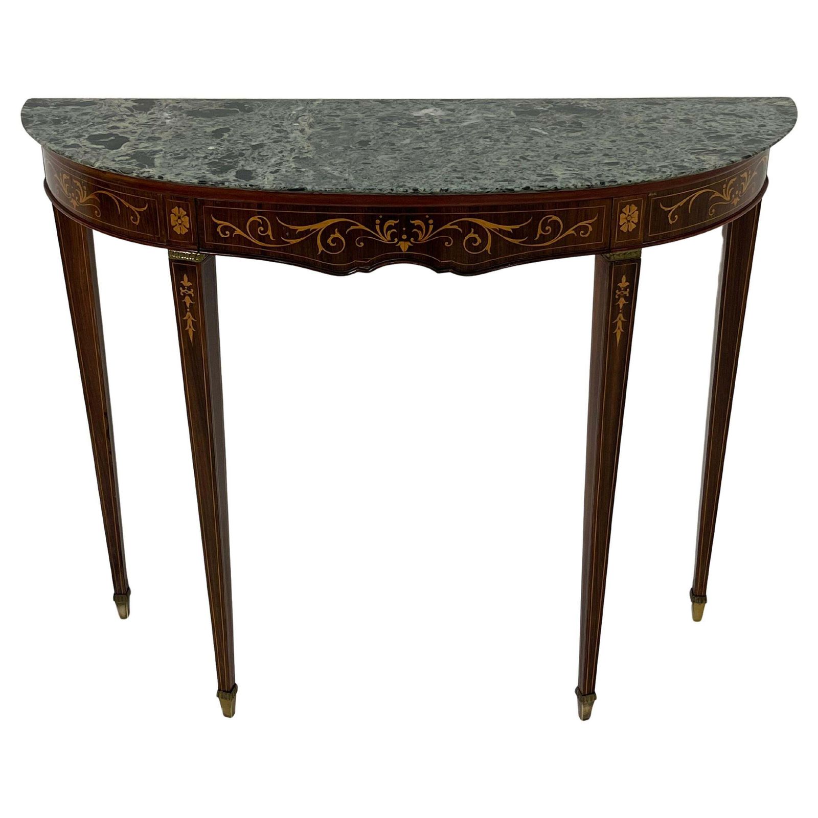 Mid Century Italian Console Table With Green Marble Top, Brass Feet, 1960s