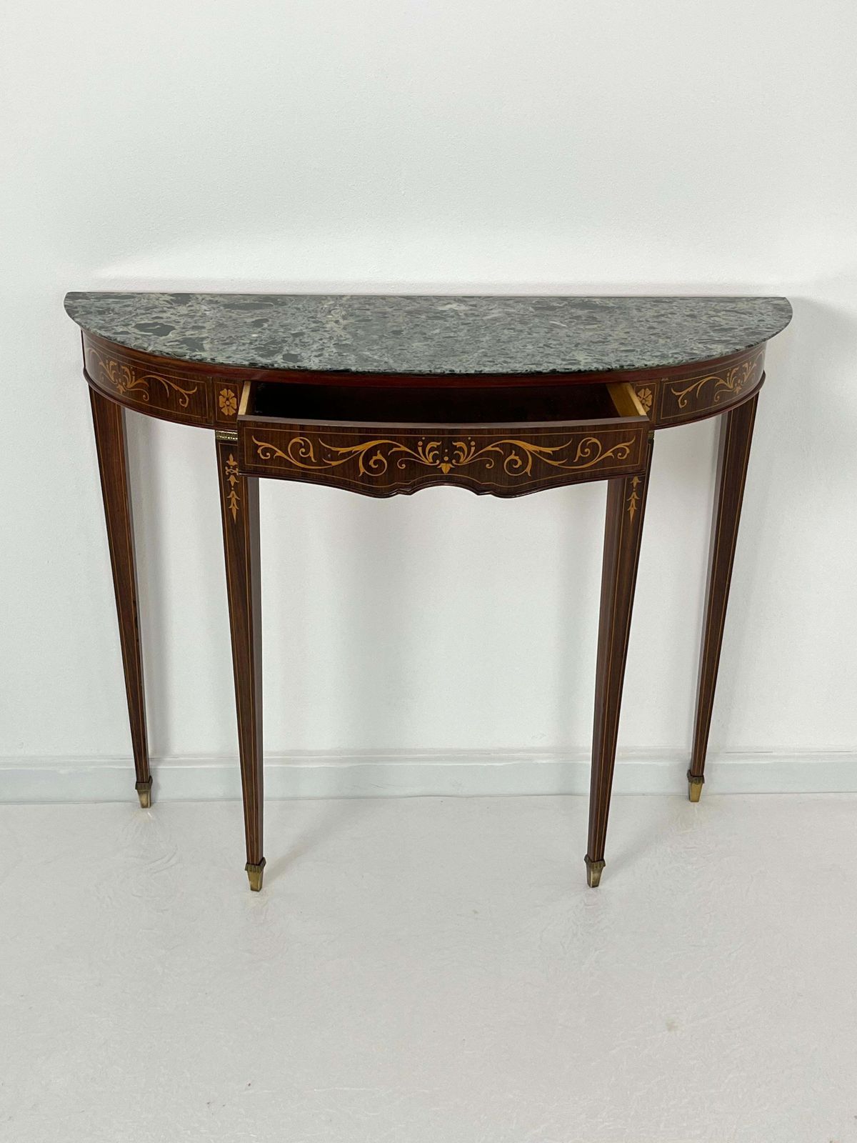 Mid Century Italian Console Table With Green Marble Top, Brass Feet, 1960s photo vintage