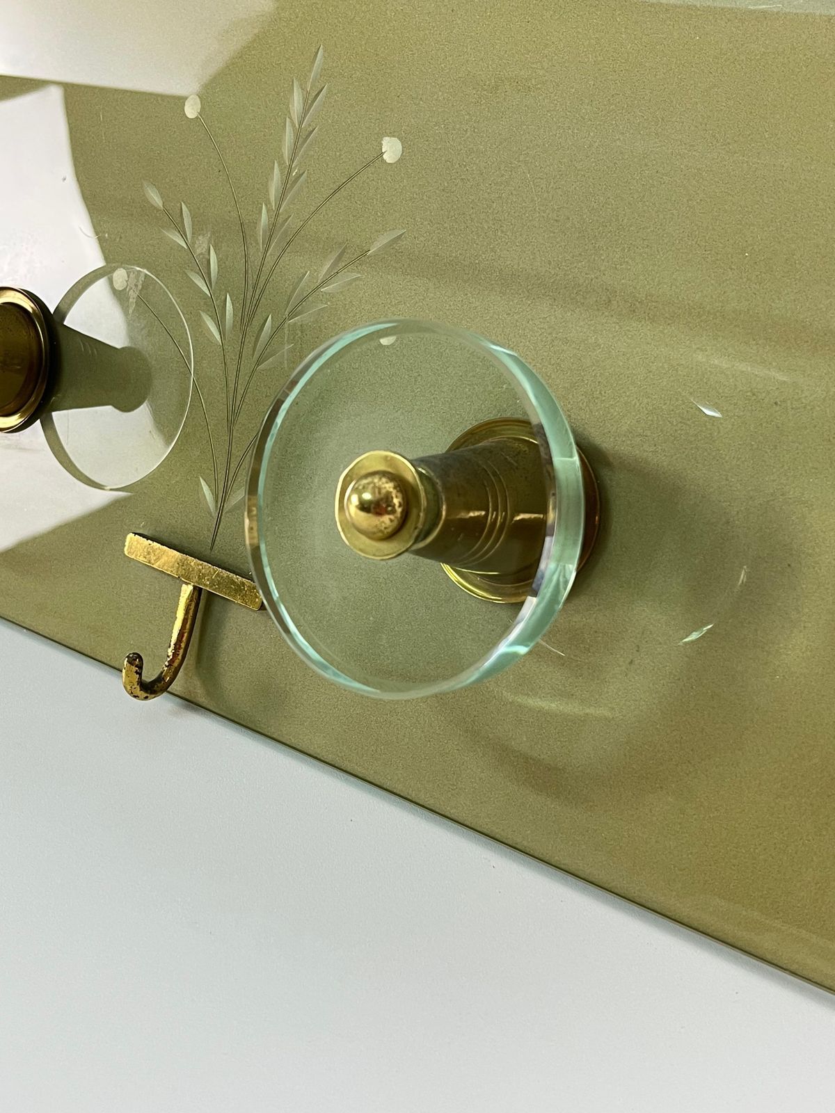 Wall Coat Rack Engraved Glass And Brass In The Style Of Fontana Arte, 1950s photo vinterior