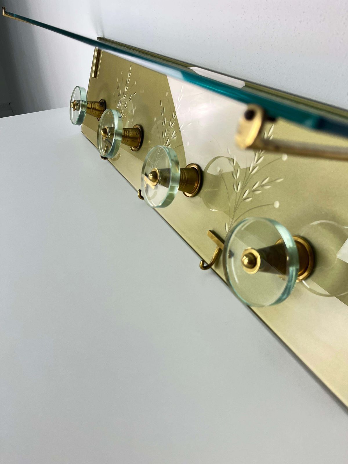 Wall Coat Rack Engraved Glass And Brass In The Style Of Fontana Arte, 1950s photo vintage