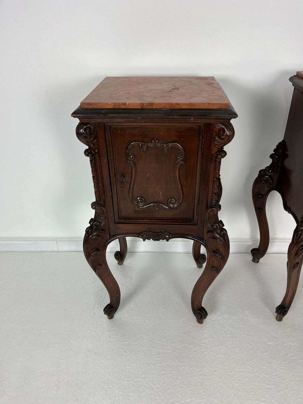 photo for sale Set Of 2 French Louis XV Night Stands, Marble Top, 1930s