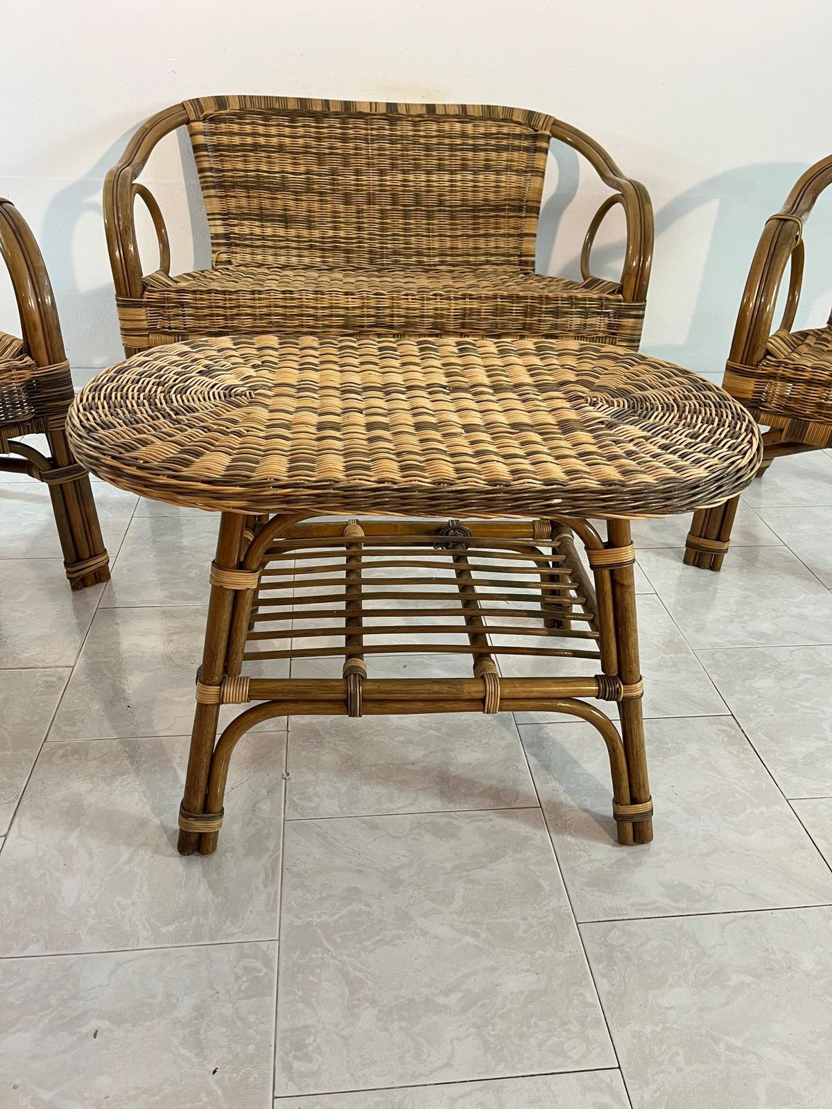 Set Of 4 Wicker Sofa Armchairs Coffee Table Made In Italy 1960s photo Furniture