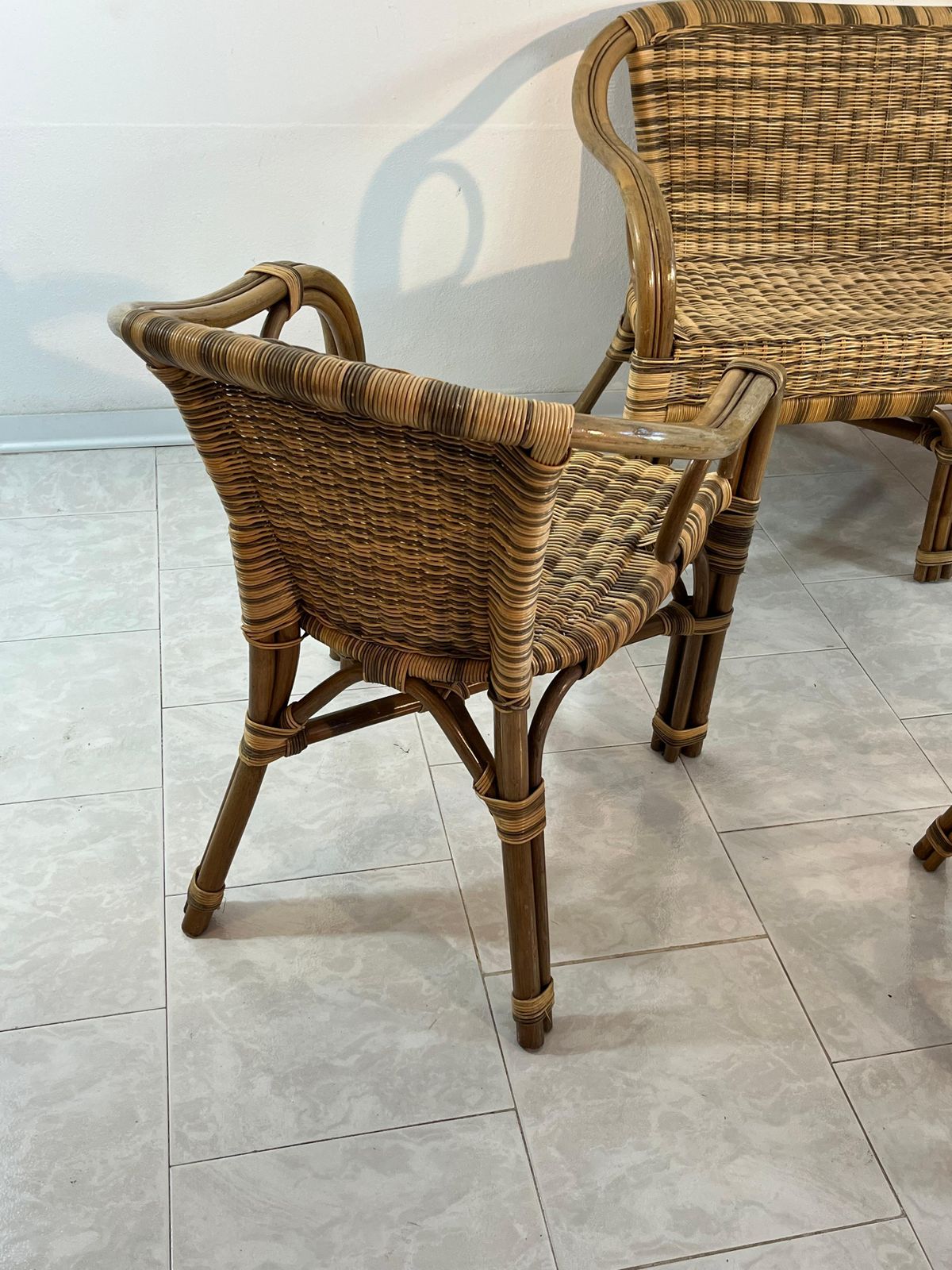 Set Of 4 Wicker Sofa Armchairs Coffee Table Made In Italy 1960s photo vintage