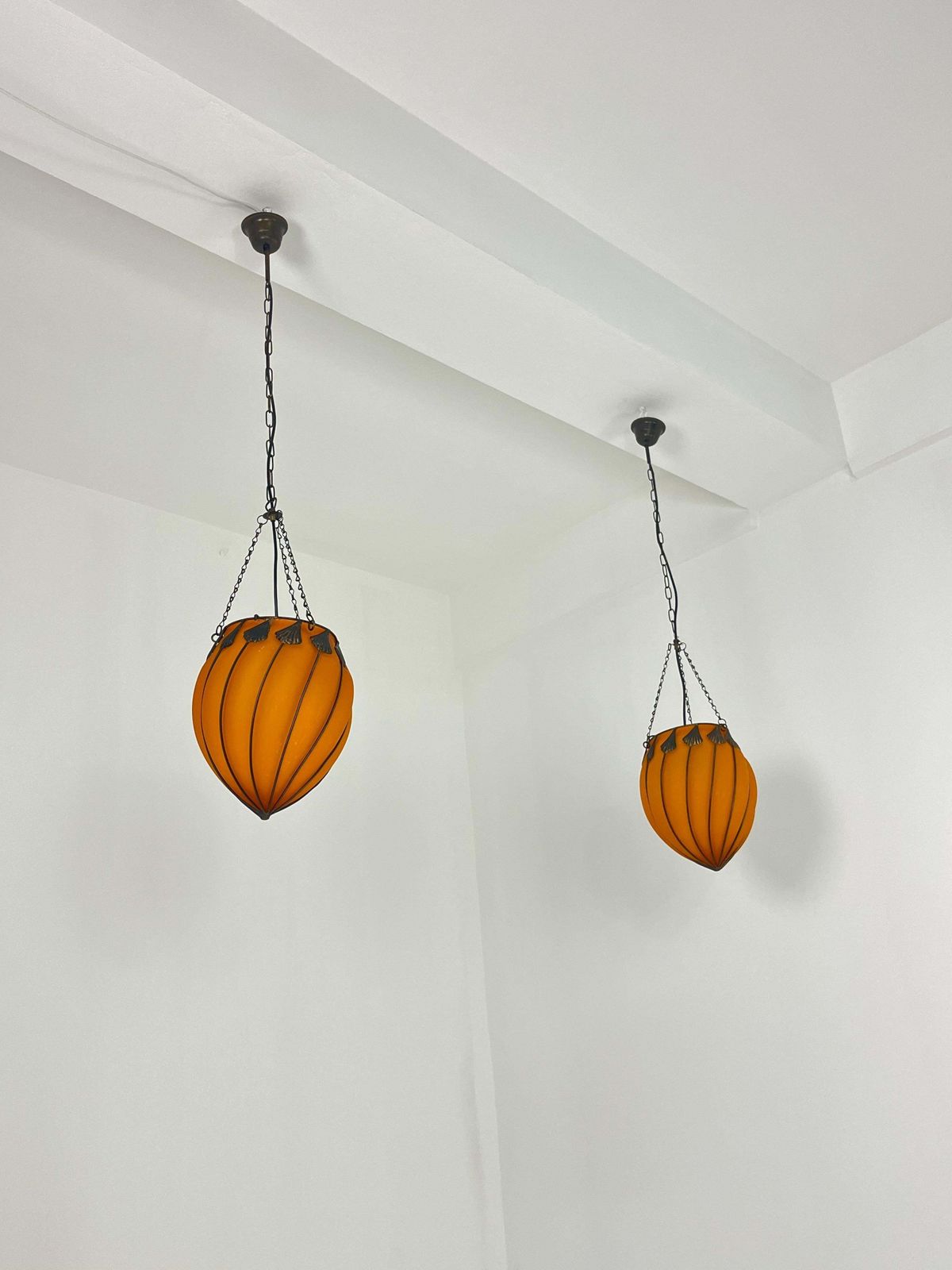 Set Of 2 Orange Murano Glass Pendant Lamps, 1980s photo Lighting