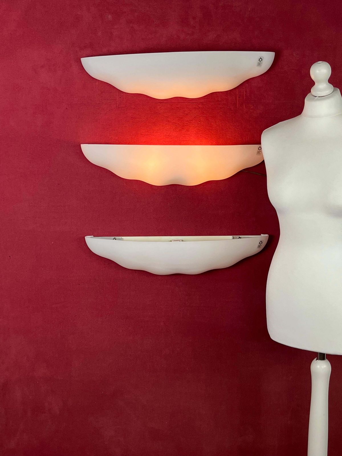 Set Of 3 Large Leucos Wall Lamps In Opaline Blown Murano Glass, 1980s photo Lighting