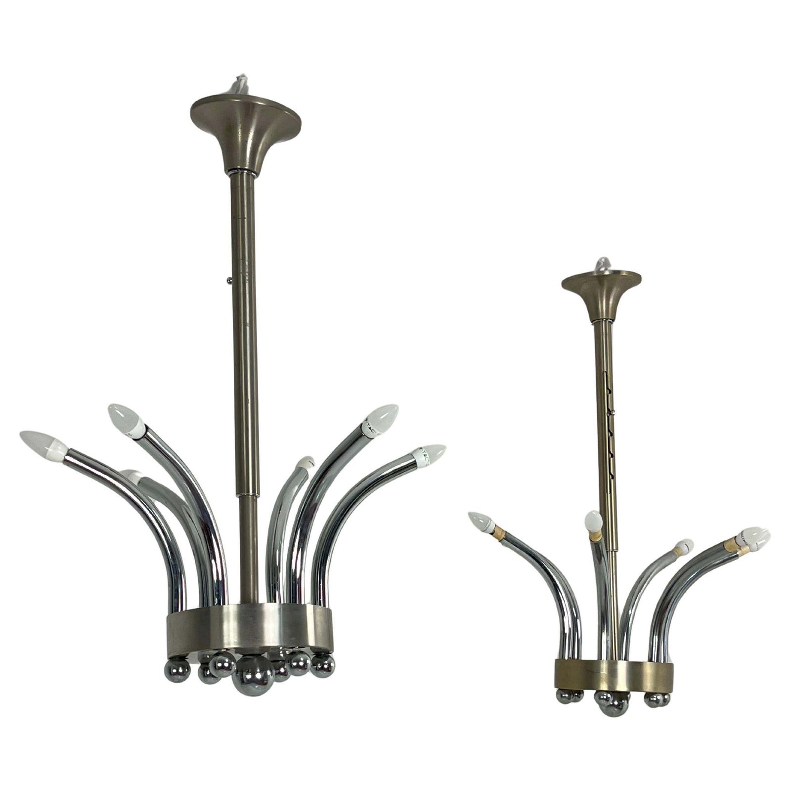 Set Of 2 Height Adjustable Chrome Metal Chandeliers Gaetano Sciolari 1970s