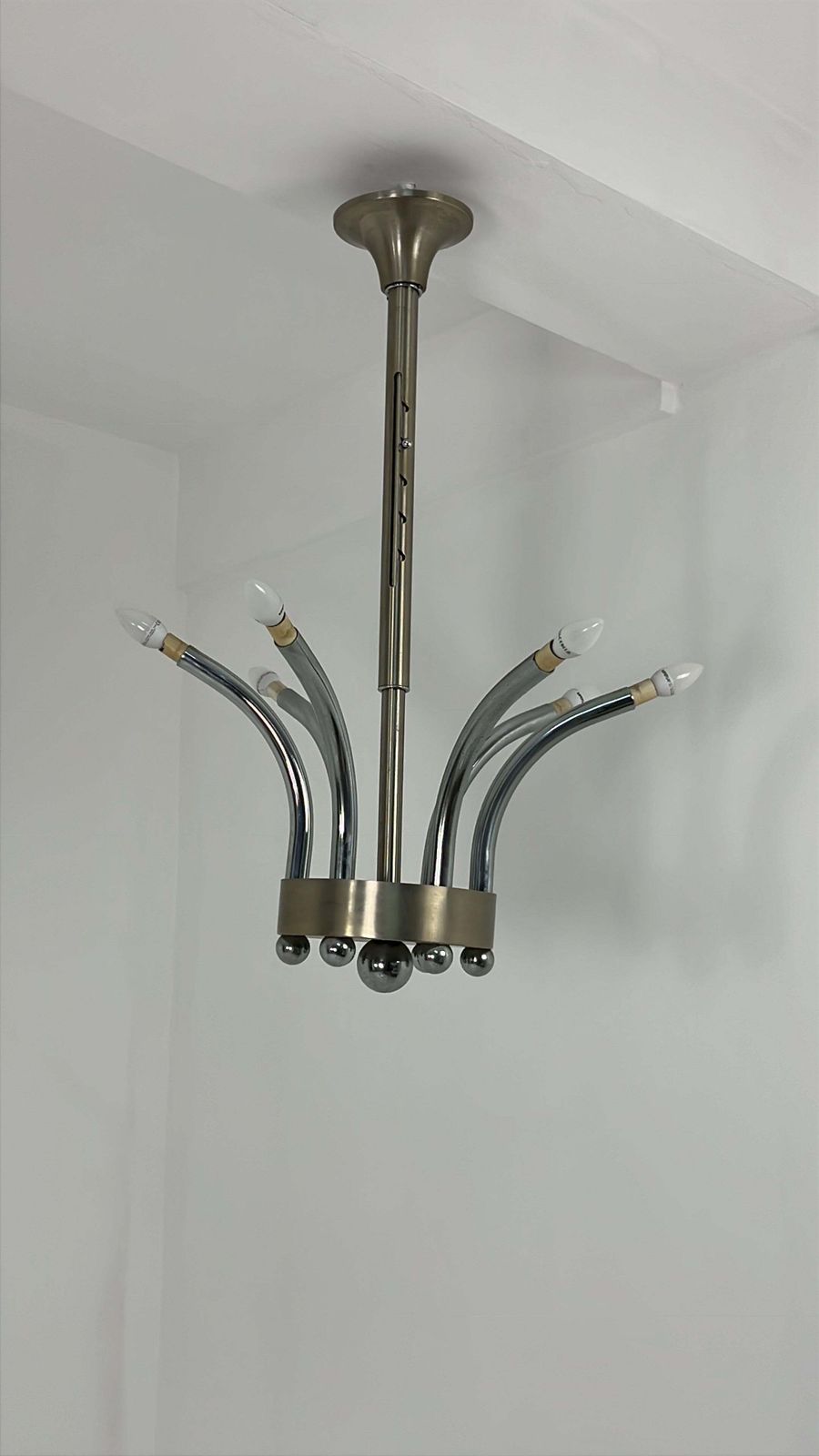 photo for sale Set Of 2 Height Adjustable Chrome Metal Chandeliers Gaetano Sciolari 1970s