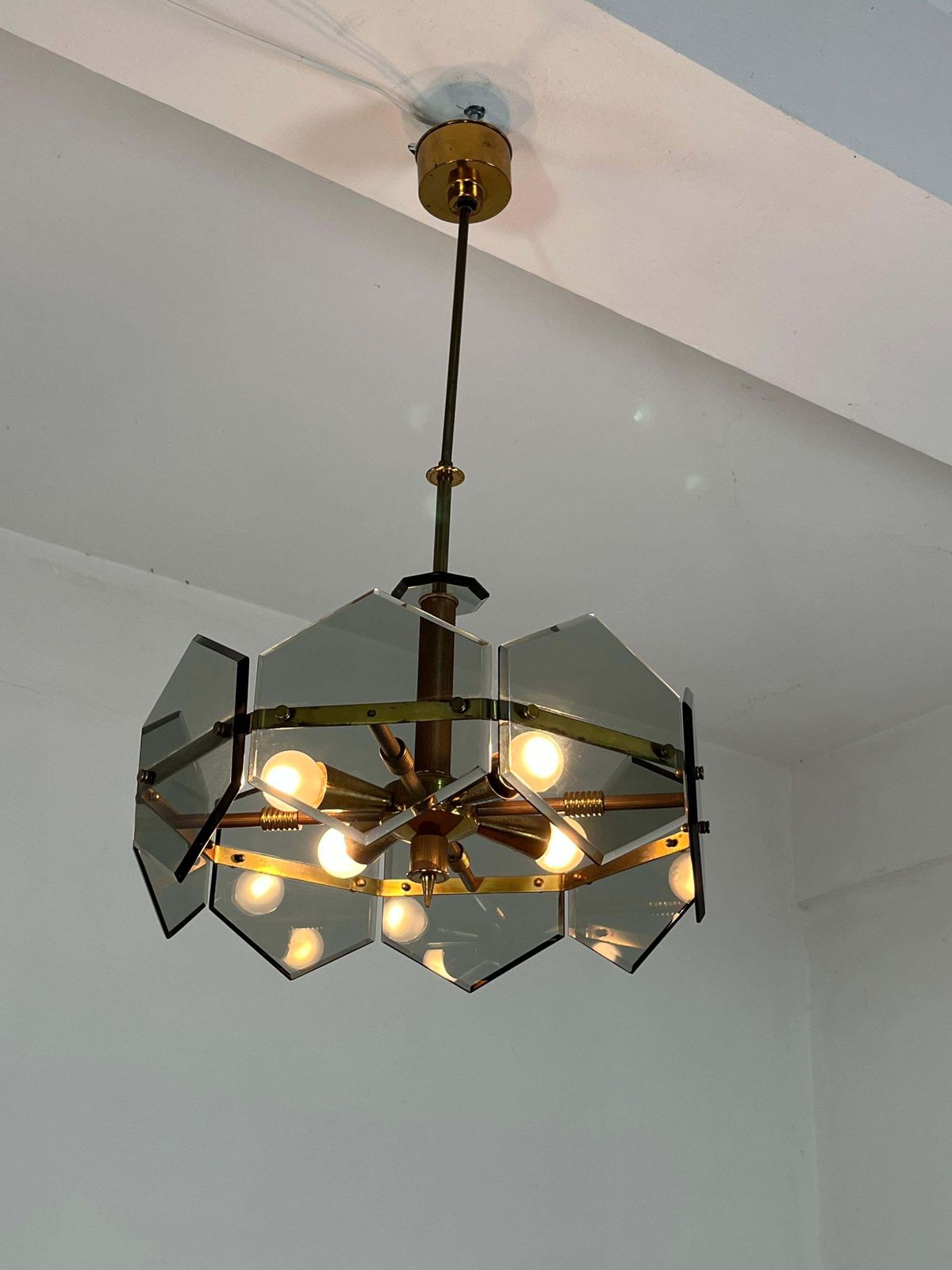 4 Light Brass And Murano Glass Chandelier By Gino Paroldo For Fontana Arte, 1960 photo vintage