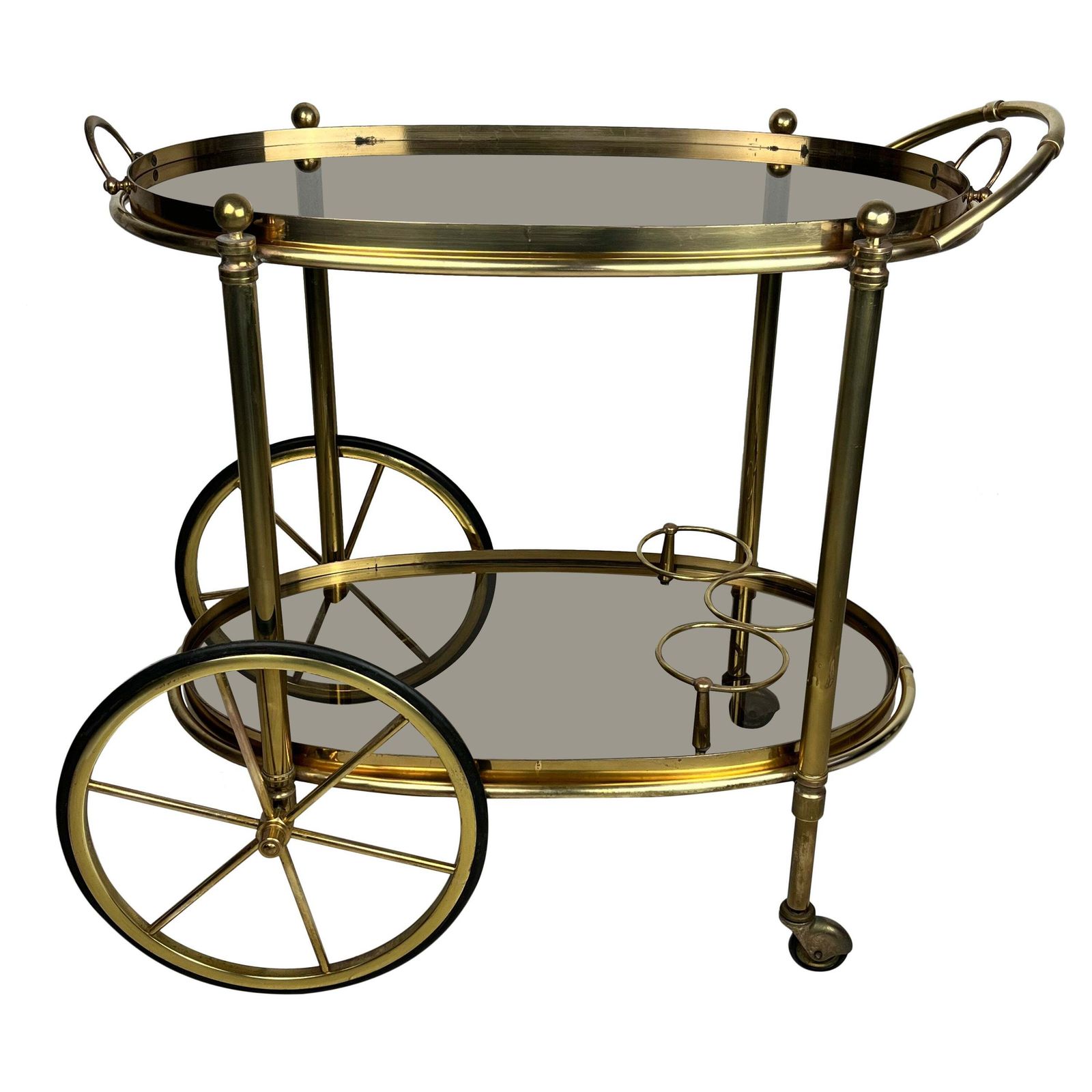Mid Century Brass Oval Bar Trolley  With Smoked Glass Italian Design 1960s