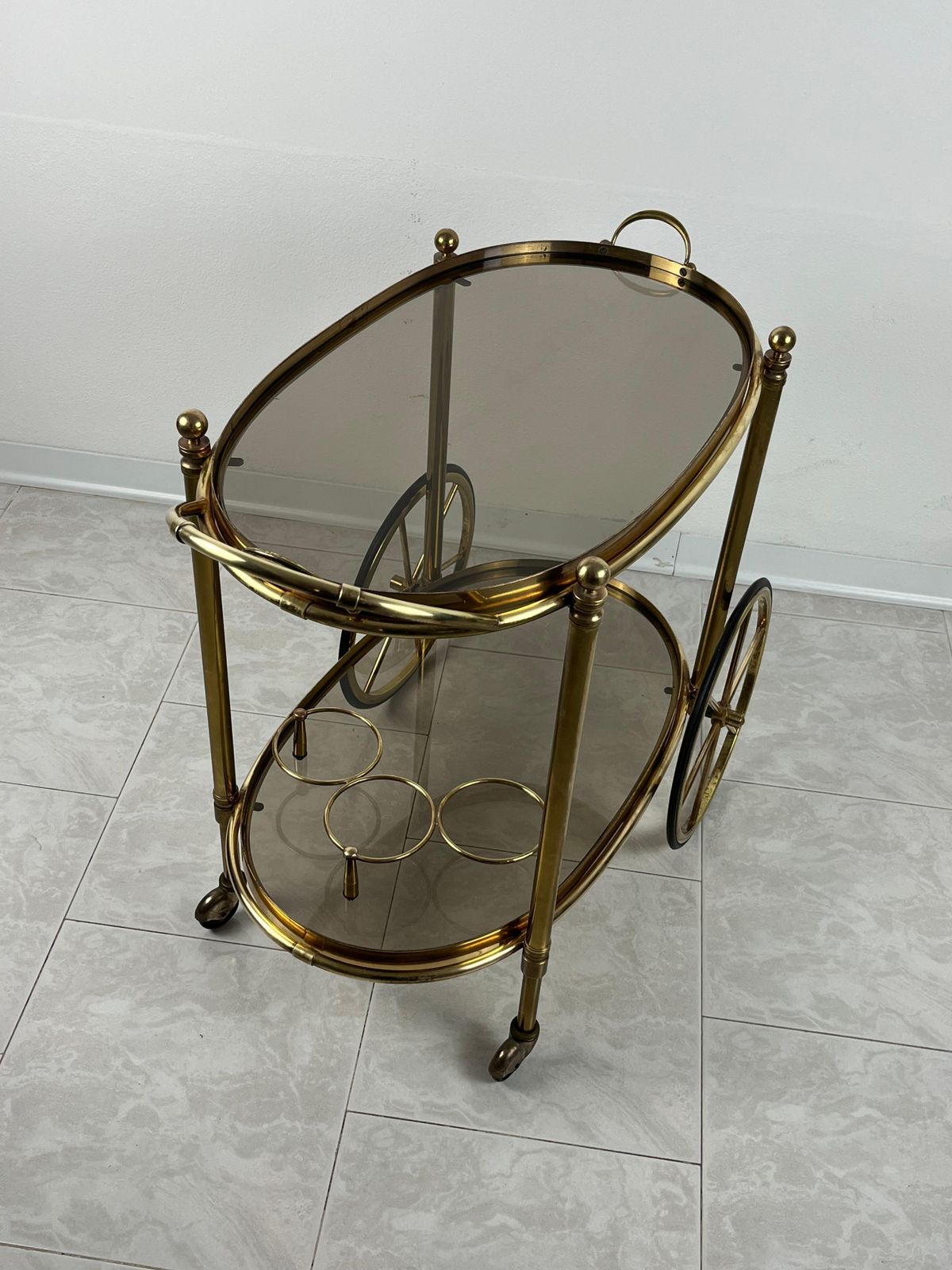 Mid Century Brass Oval Bar Trolley  With Smoked Glass Italian Design 1960s photo Furniture