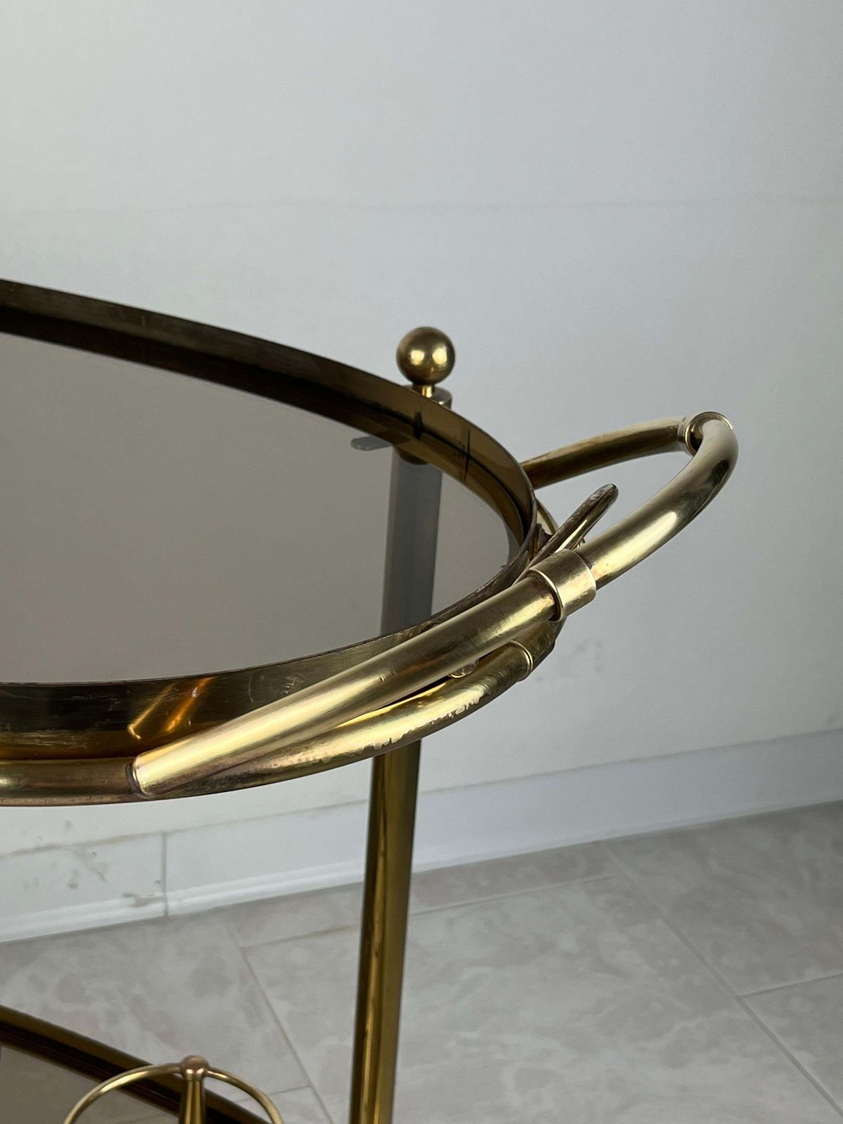 photo buy Mid Century Brass Oval Bar Trolley  With Smoked Glass Italian Design 1960s