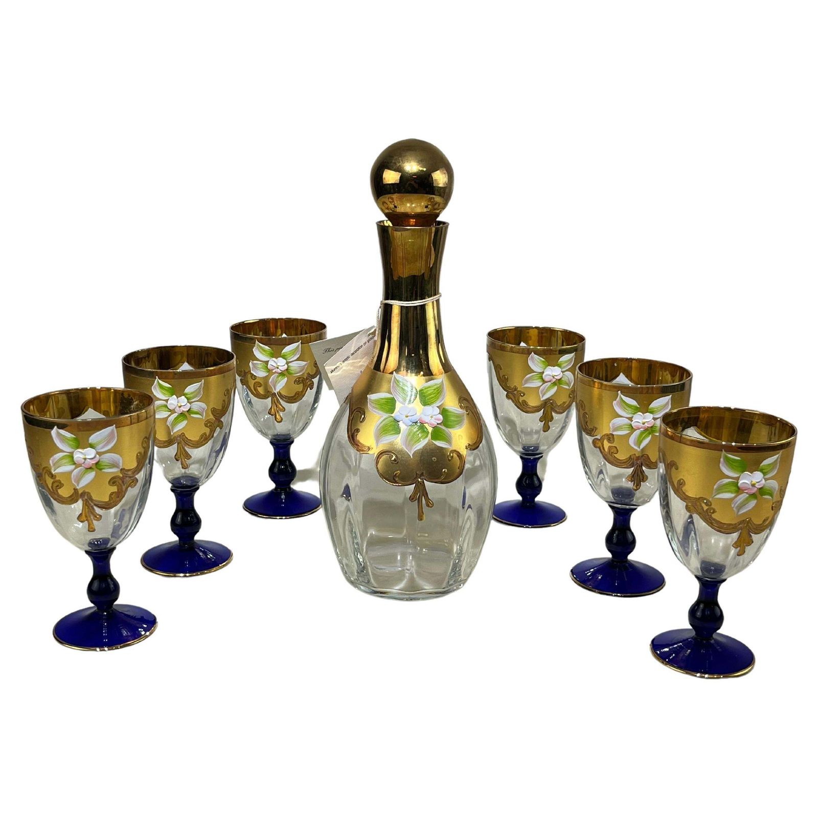 Set Of Bottle And Six Glasses In Hand Painted Murano Glass In 24 Kt Gold, 1970s