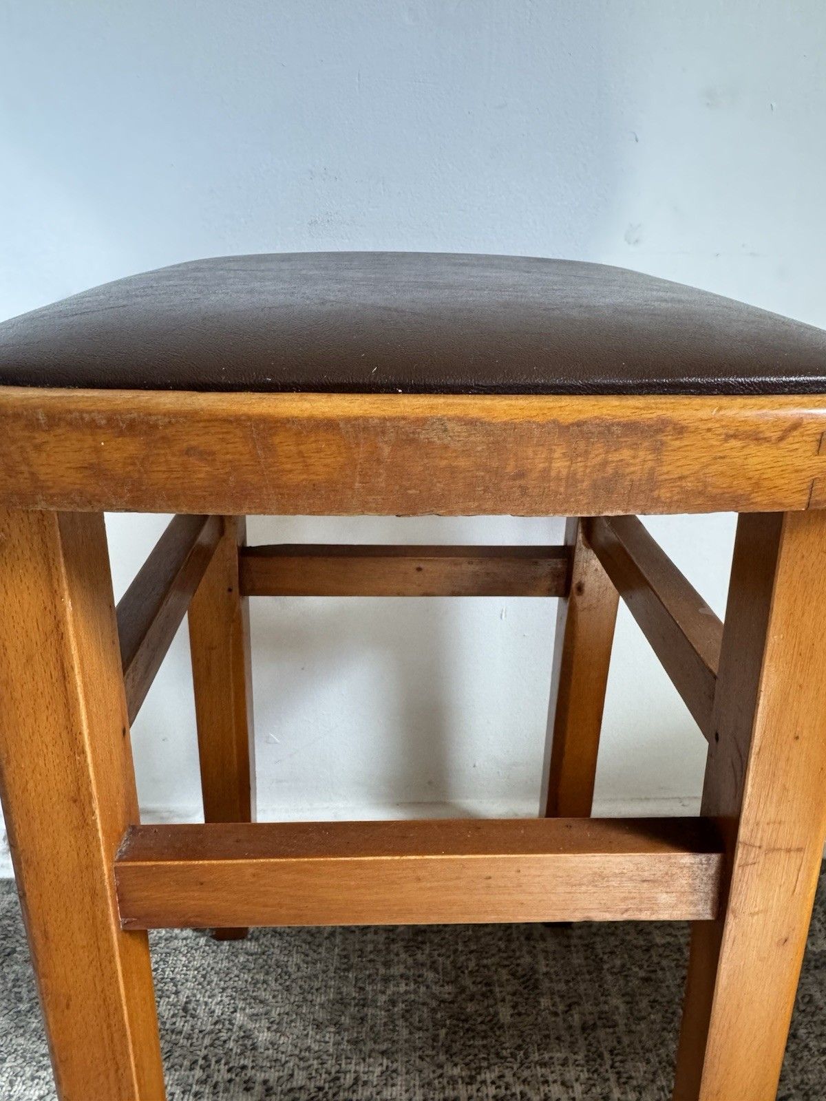 Mid Century Retro Vintage Stools Pair Wood Vinyl Brown photo 175.0