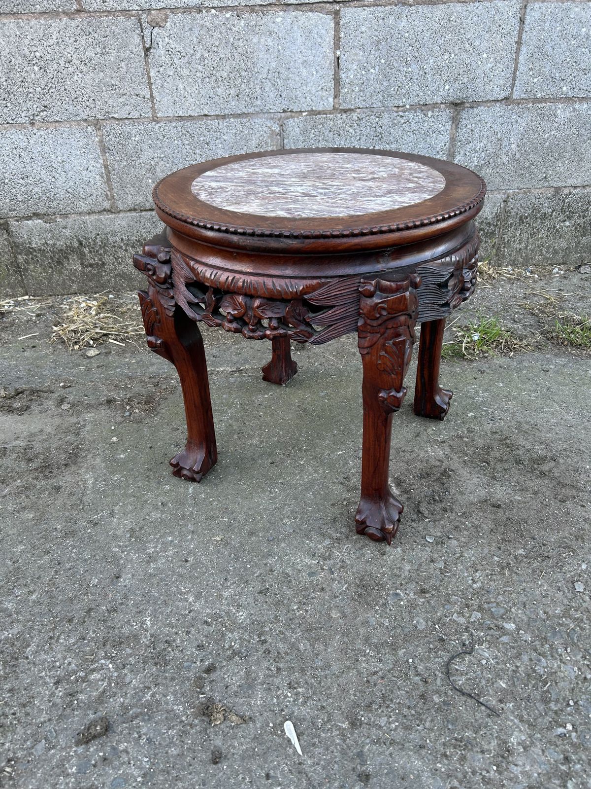 photo for sale Chinese Mahogany Carved Plant Stand With Marble Top
