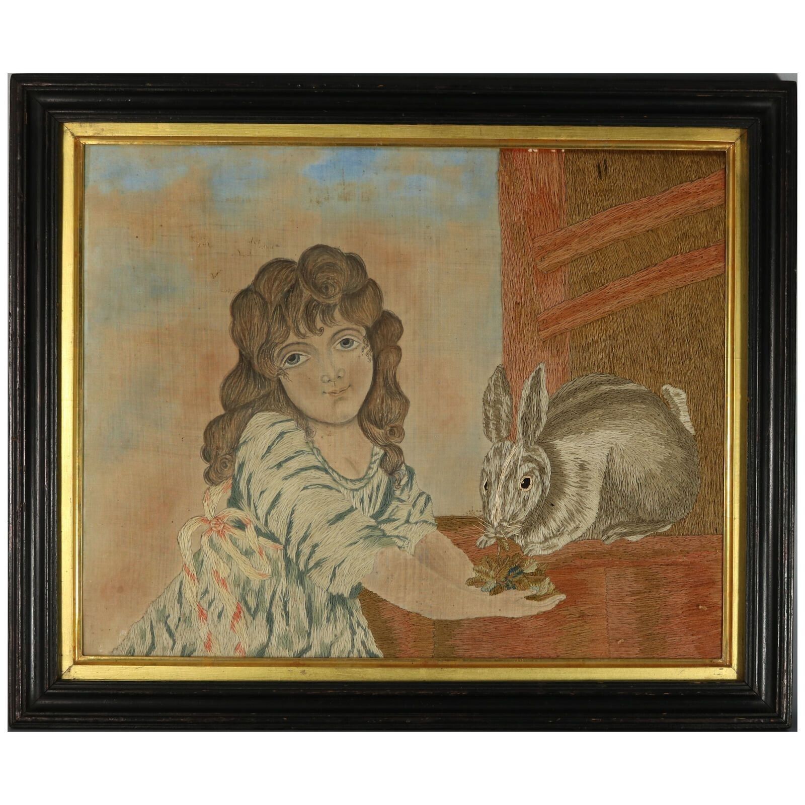 Pair Georgian Woolwork Embroidered Pictures Of Girls With Pets photo for sale