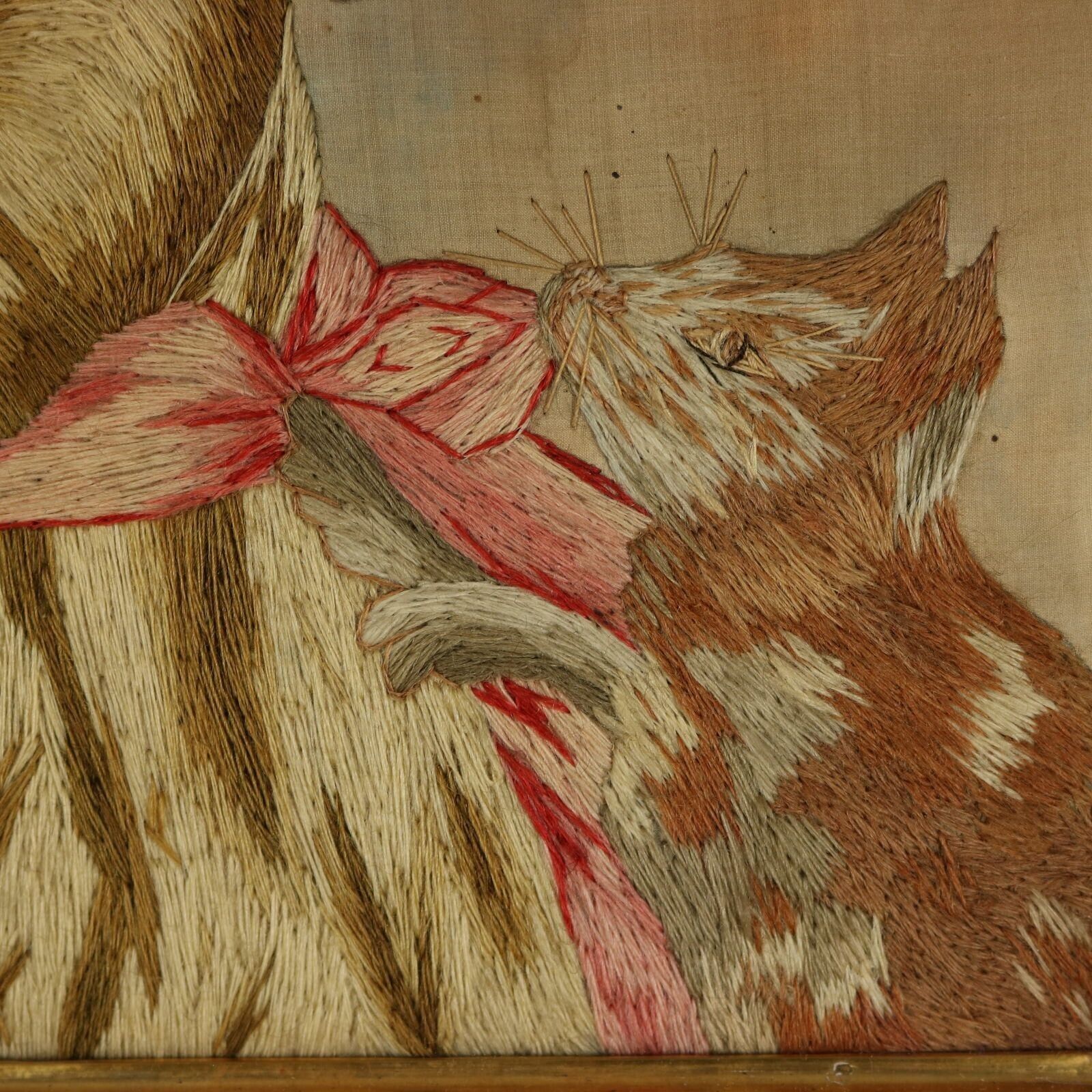 Pair Georgian Woolwork Embroidered Pictures Of Girls With Pets photo vinterior