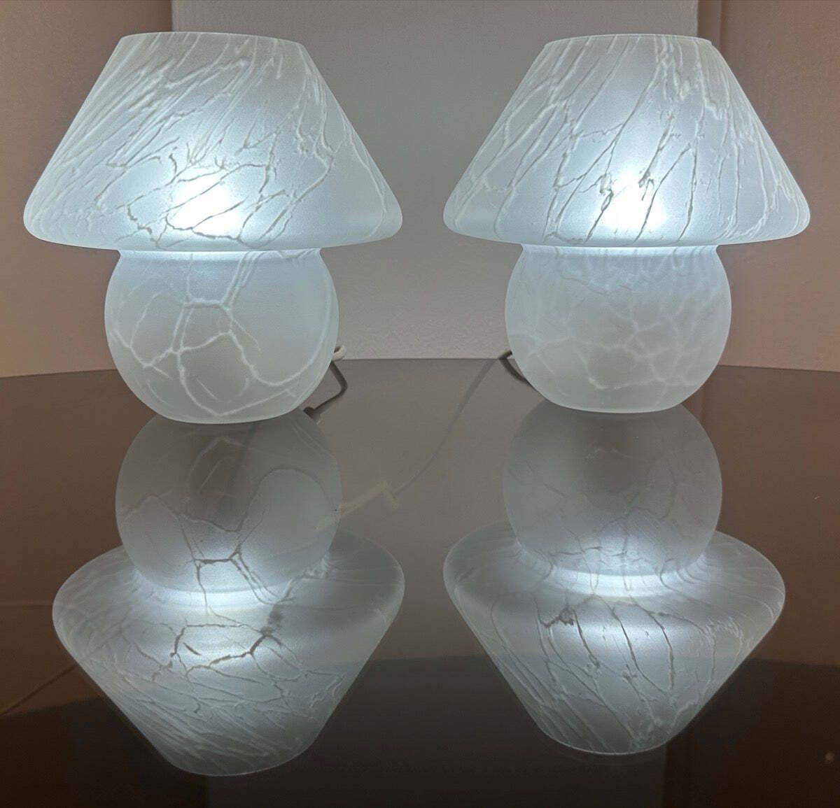 Pair Of 1970s German Frosted Matt White Glass Mushroom Table Lamps Style Of Peill & Putzler photo Lighting