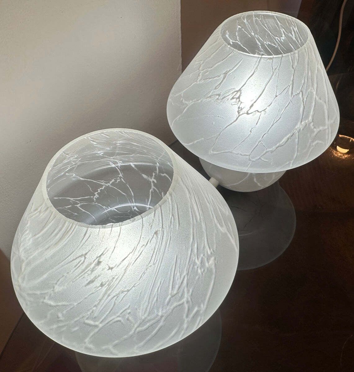 photo furniture Pair Of 1970s German Frosted Matt White Glass Mushroom Table Lamps Style Of Peill & Putzler