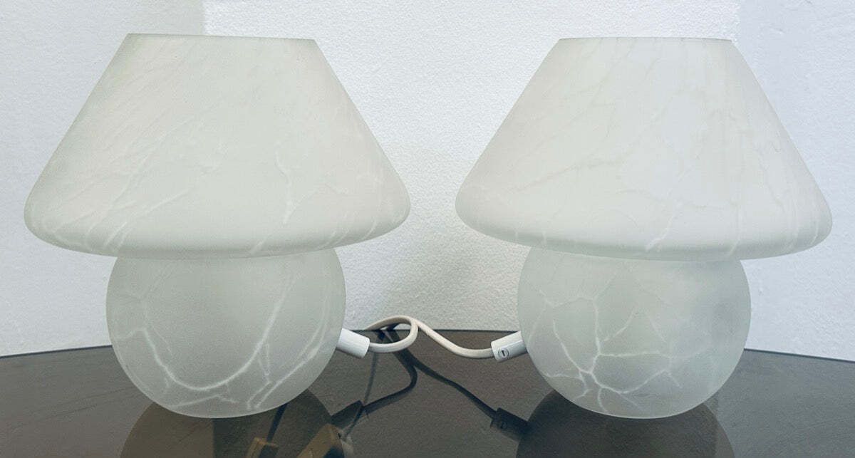 photo for sale Pair Of 1970s German Frosted Matt White Glass Mushroom Table Lamps Style Of Peill & Putzler