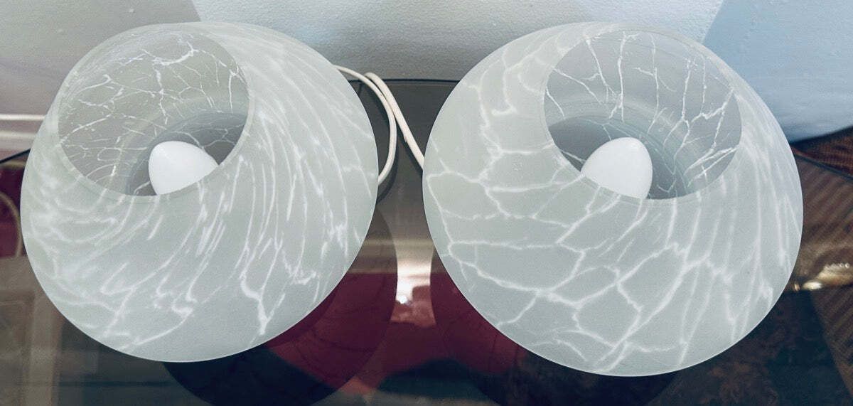 Lighting Pair Of 1970s German Frosted Matt White Glass Mushroom Table Lamps Style Of Peill & Putzler photo
