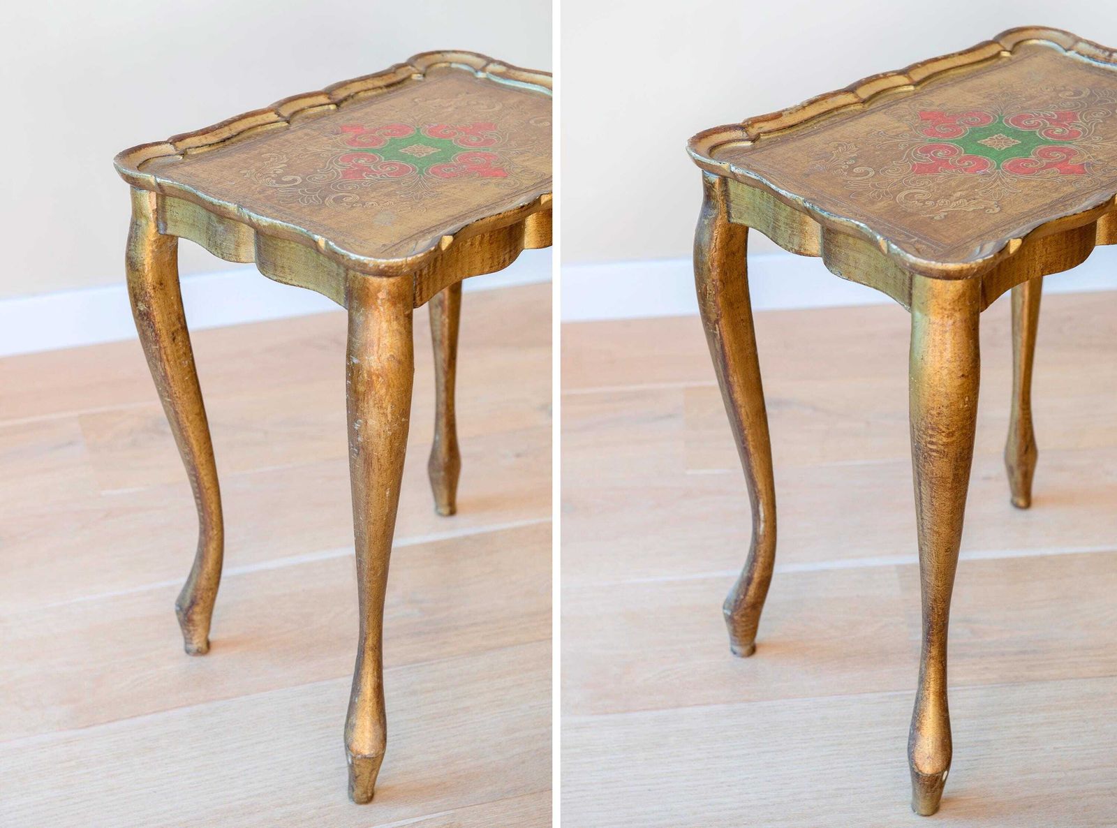 Table d'appoint florentine dorée, table basse italienne à feuilles d'or, bord festonné, Rococo photo vintage
