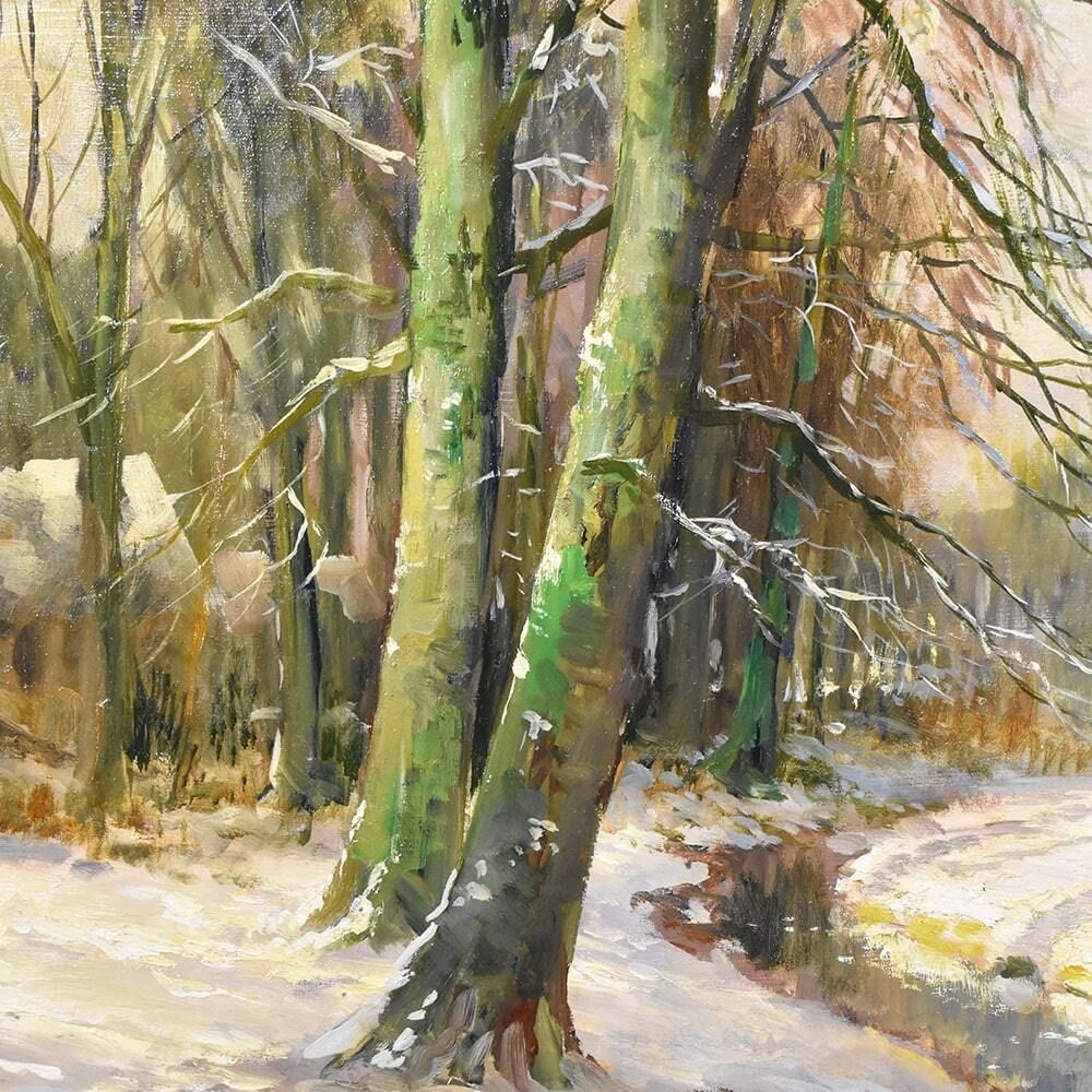 Landscape Painting Under Woods With Snow, Antique Oil Landscape Painting With Forest, Oil On Canvas, Art Deco. (Qp529) photo Art