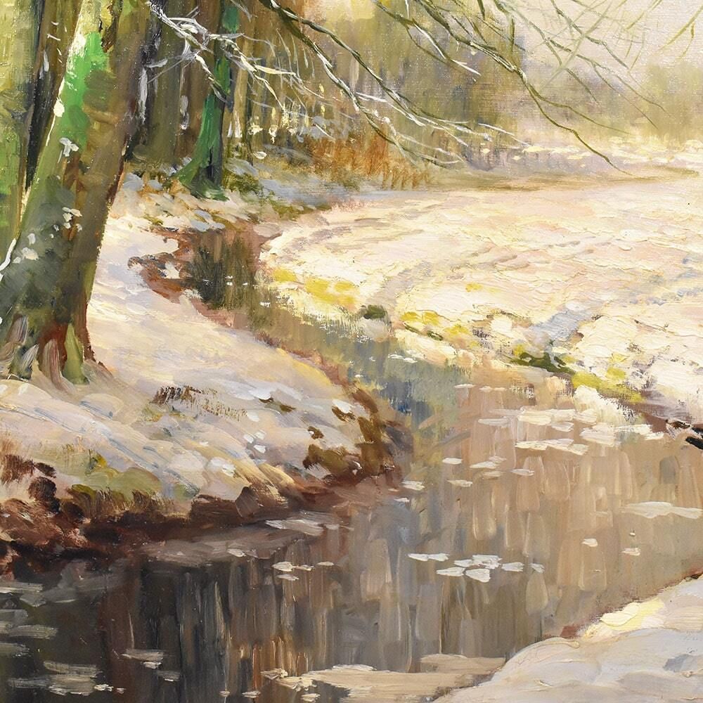 Landscape Painting Under Woods With Snow, Antique Oil Landscape Painting With Forest, Oil On Canvas, Art Deco. (Qp529) photo 2500.0
