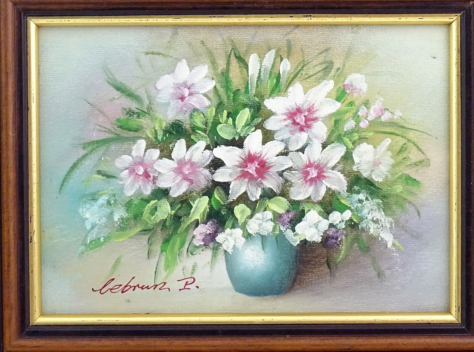 Klein Vintage Frans Ingelijst Olieverfschilderij Van Een Bloemstilleven Door Lebrun P – Retro Olieverf Op Paneel Met Bloemen In Een Vaas, Houten Lijst photo for sale