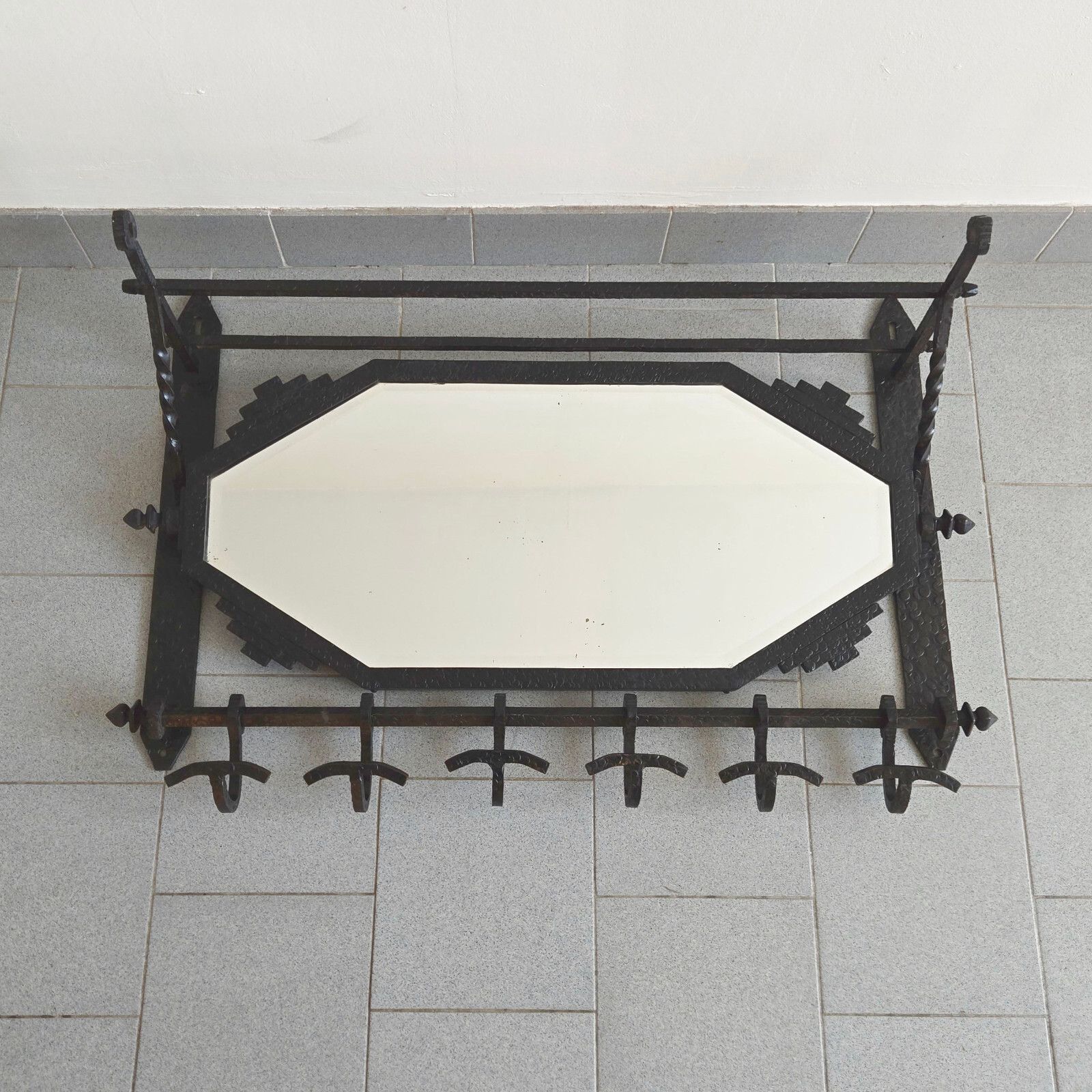French Art Deco 1920 1930 Metal Hammer Wall & Mirror Coat Rack 20s 30s