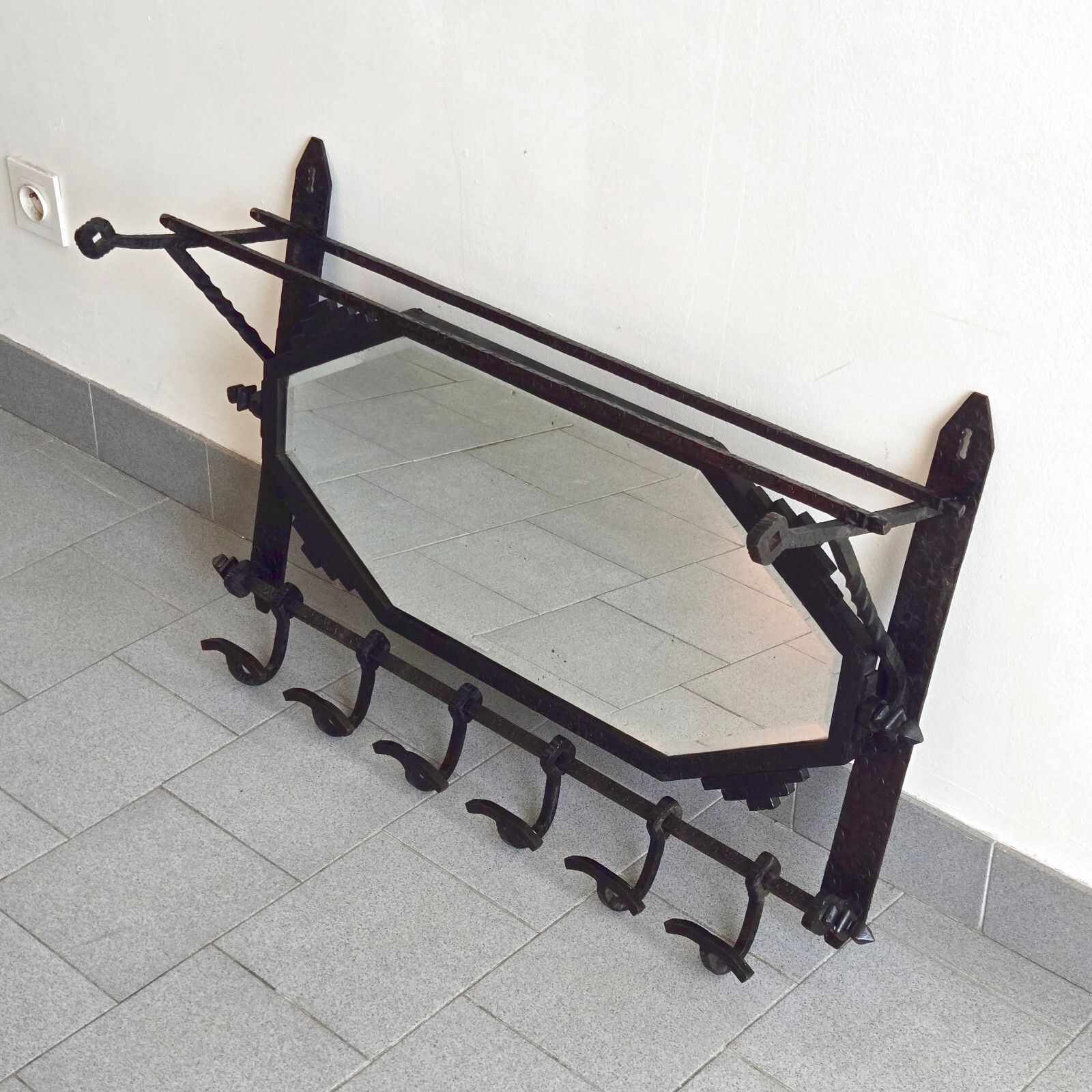 French Art Deco 1920 1930 Metal Hammer Wall & Mirror Coat Rack 20s 30s photo furniture