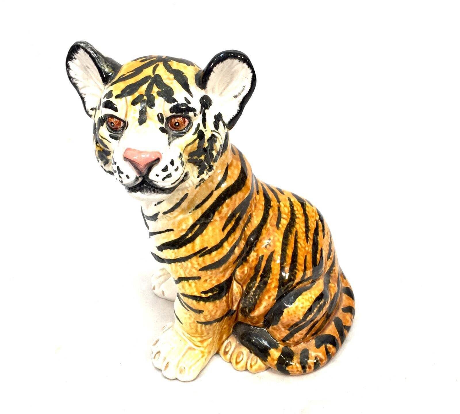 Vintage 1960s Italian Ceramic Tiger Cub Statue / Antique / Mid Century Tabletop photo furniture