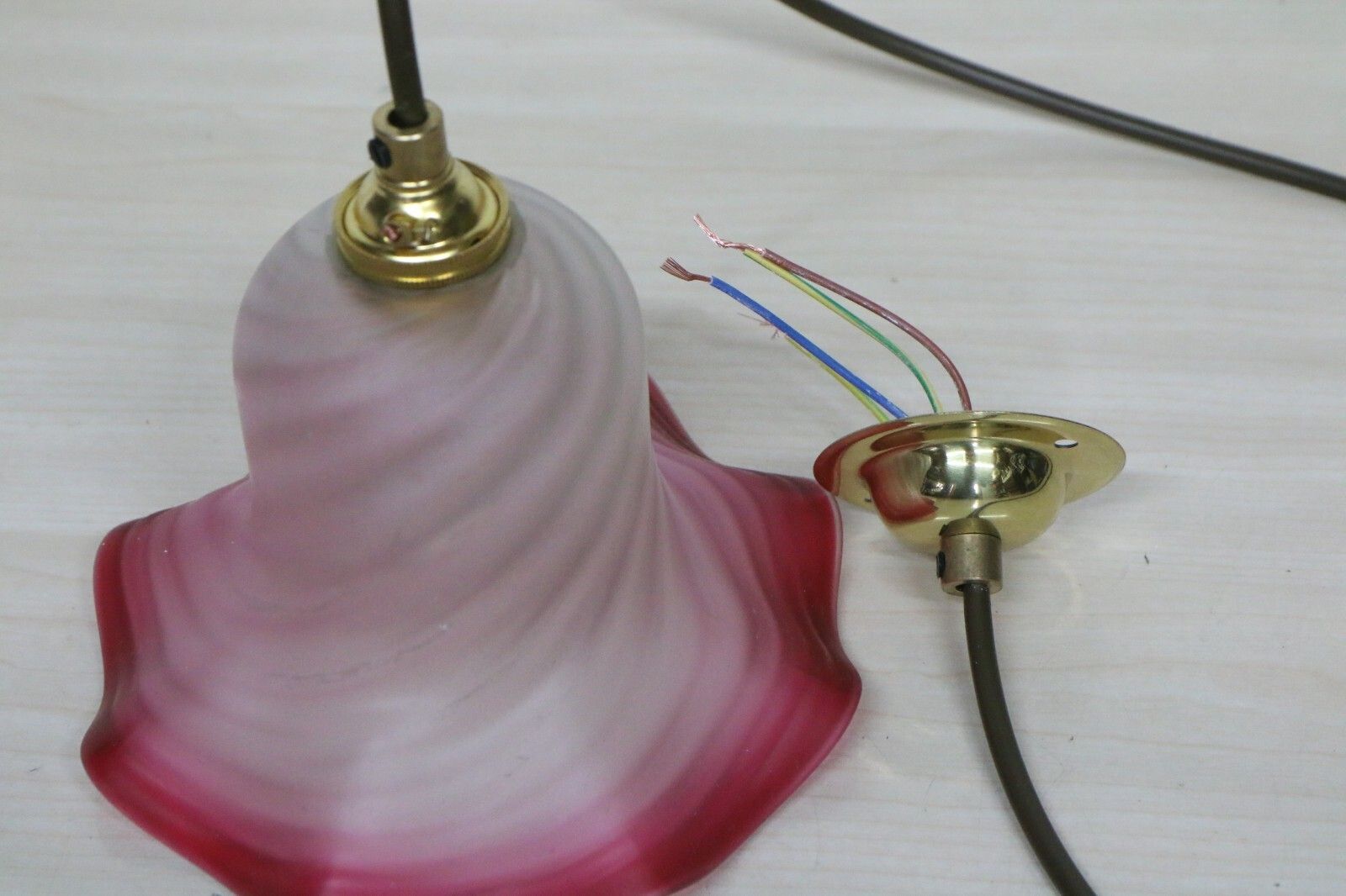 Ceiling Light Small Antique Swirled Cranberry Glass Pendant Frosted Coloured Rim photo buy