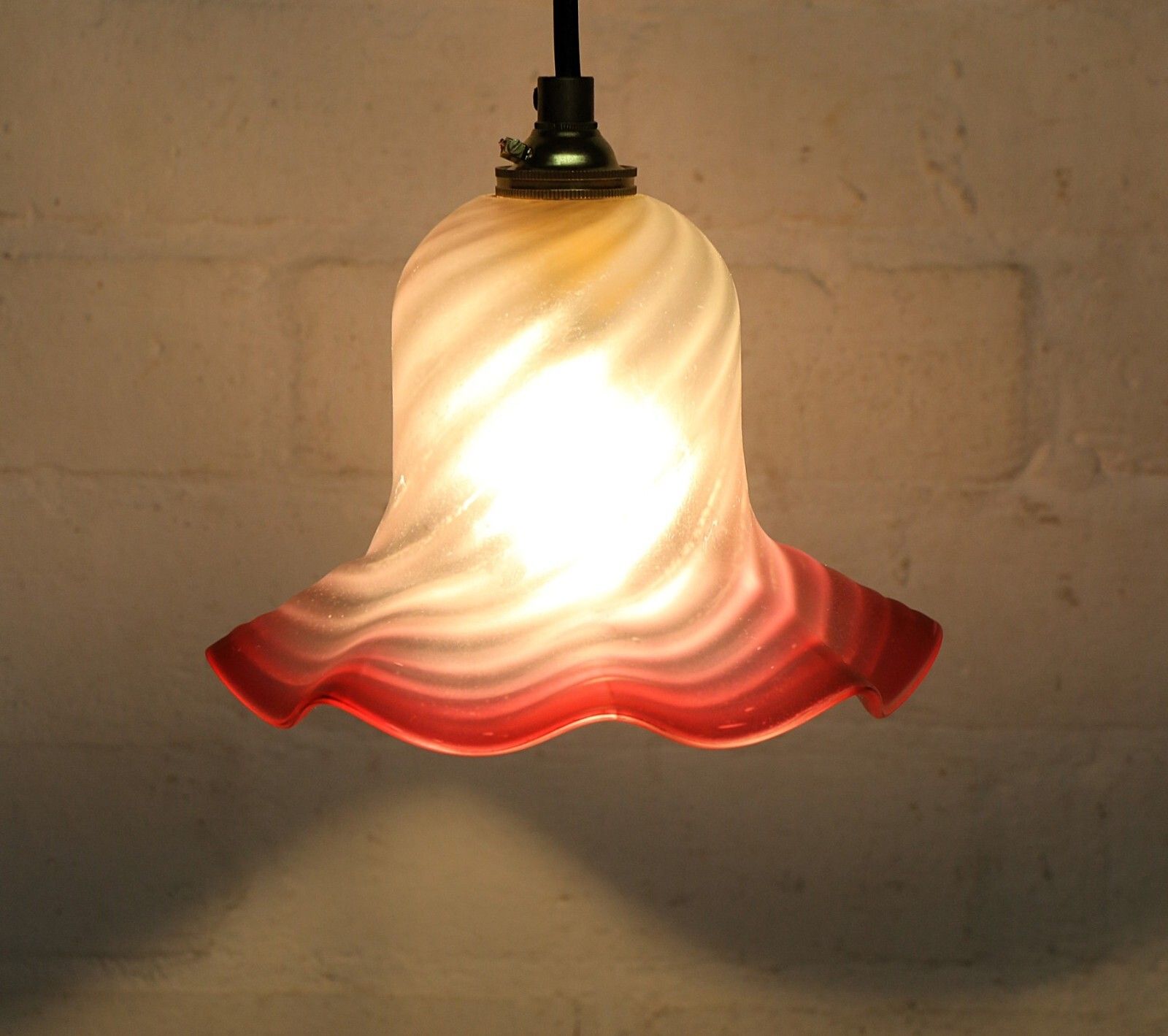 Ceiling Light Small Antique Swirled Cranberry Glass Pendant Frosted Coloured Rim photo vintage