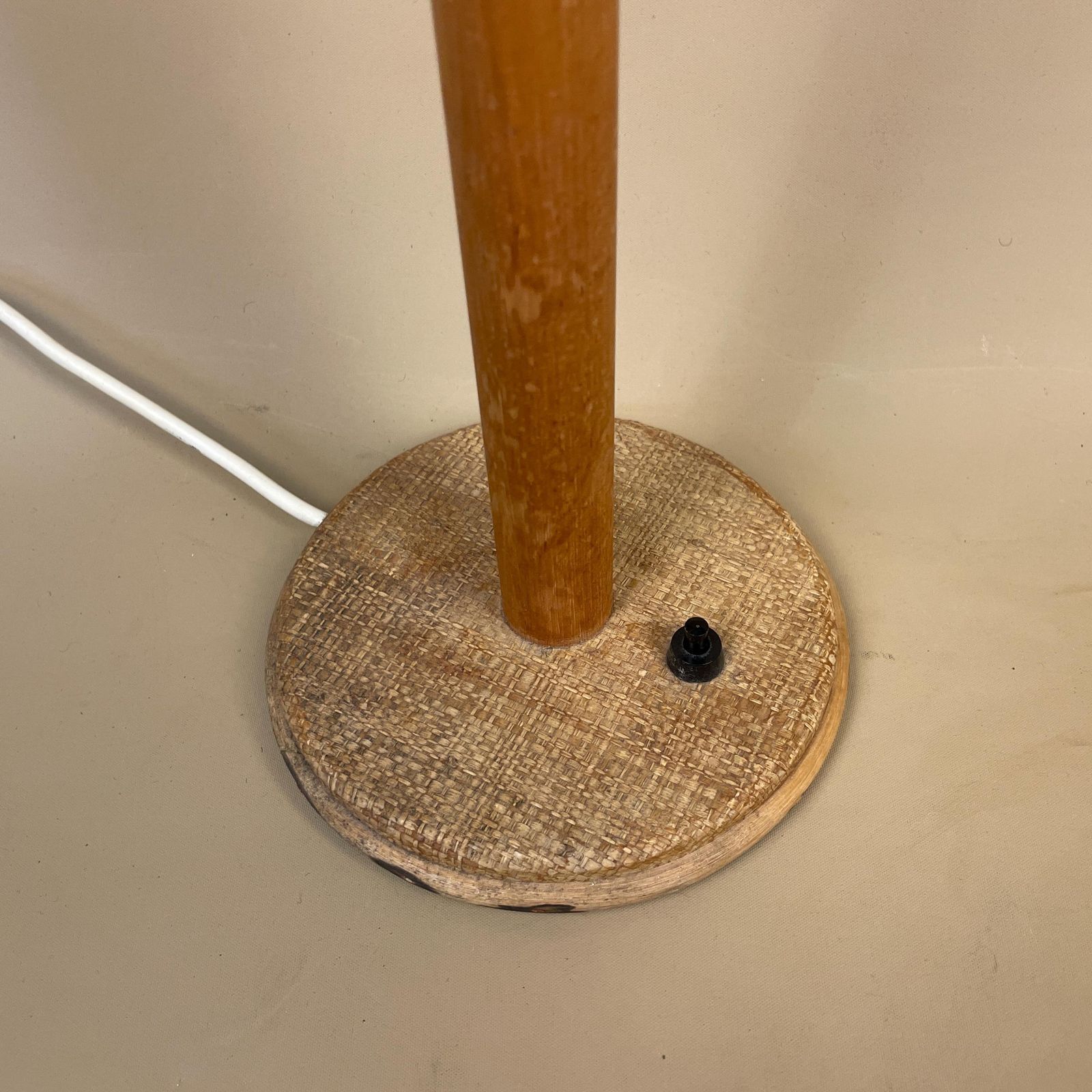 Vintage Wood Lamp Wooden Light Table Cottage Brown Farmhouse Cottage Antique Woven Textured Round Base Black Switch photo for sale