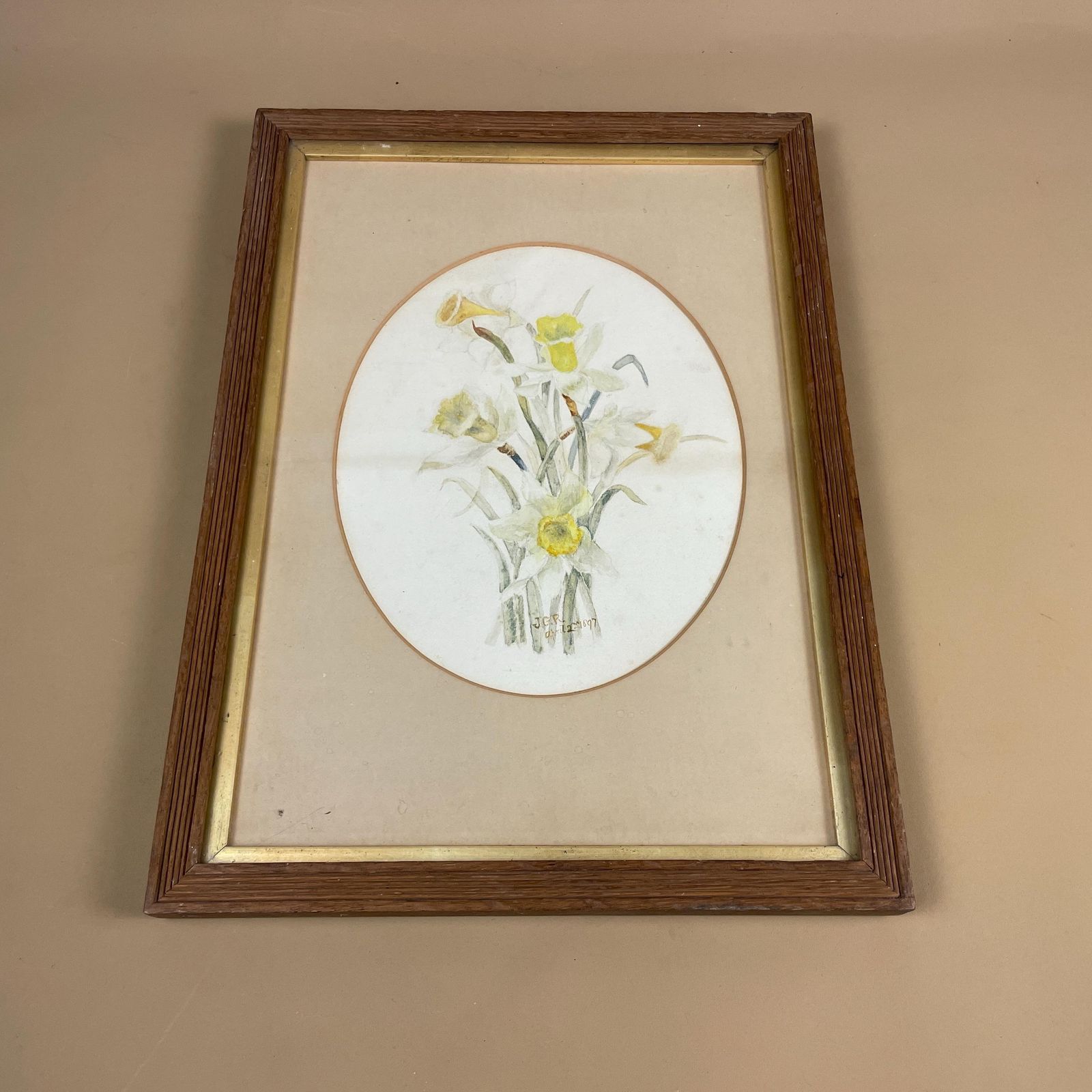 Antique Watercolour Painting J.G.R 1897 Floral Dandelion Wooden Frame Rectangle Portrait Painted Art Original Wall Art Oval Mounted