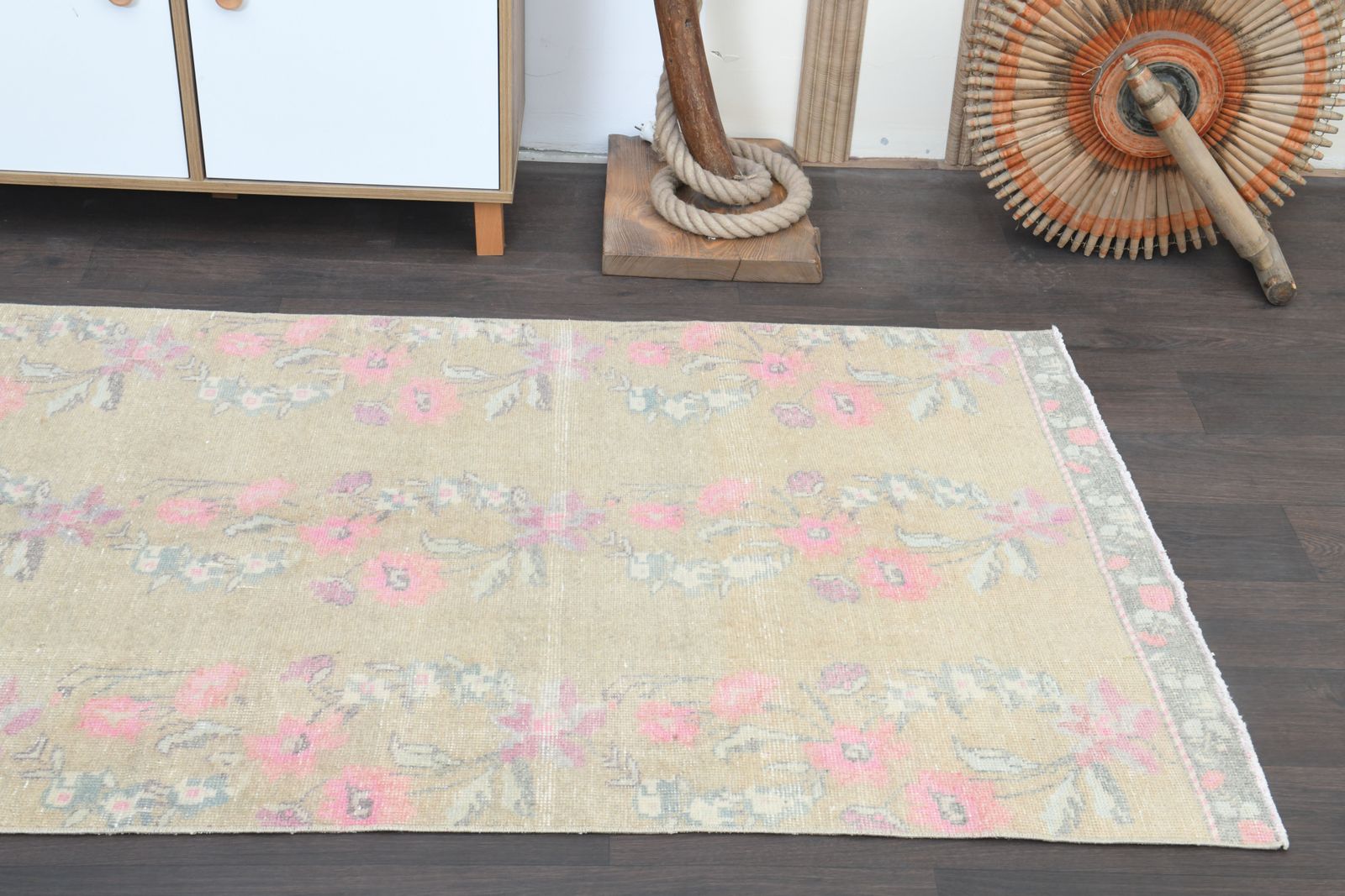 3'5x8'1 Ft, Floral Beige Vintage Turkish Runner, Rugged Kitchen Rug, Runners Stairs, Farmhouse Decor, Washable, Eclectic, Handmade Oushak Rugs, Wool photo for sale