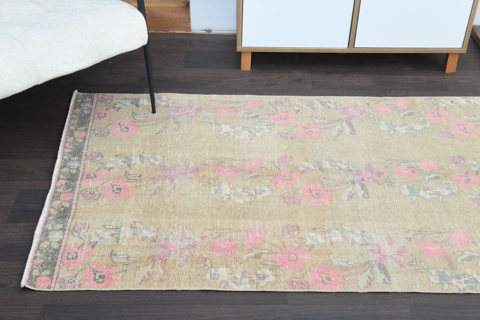 3'5x8'1 Ft, Floral Beige Vintage Turkish Runner, Rugged Kitchen Rug, Runners Stairs, Farmhouse Decor, Washable, Eclectic, Handmade Oushak Rugs, Wool photo vinterior