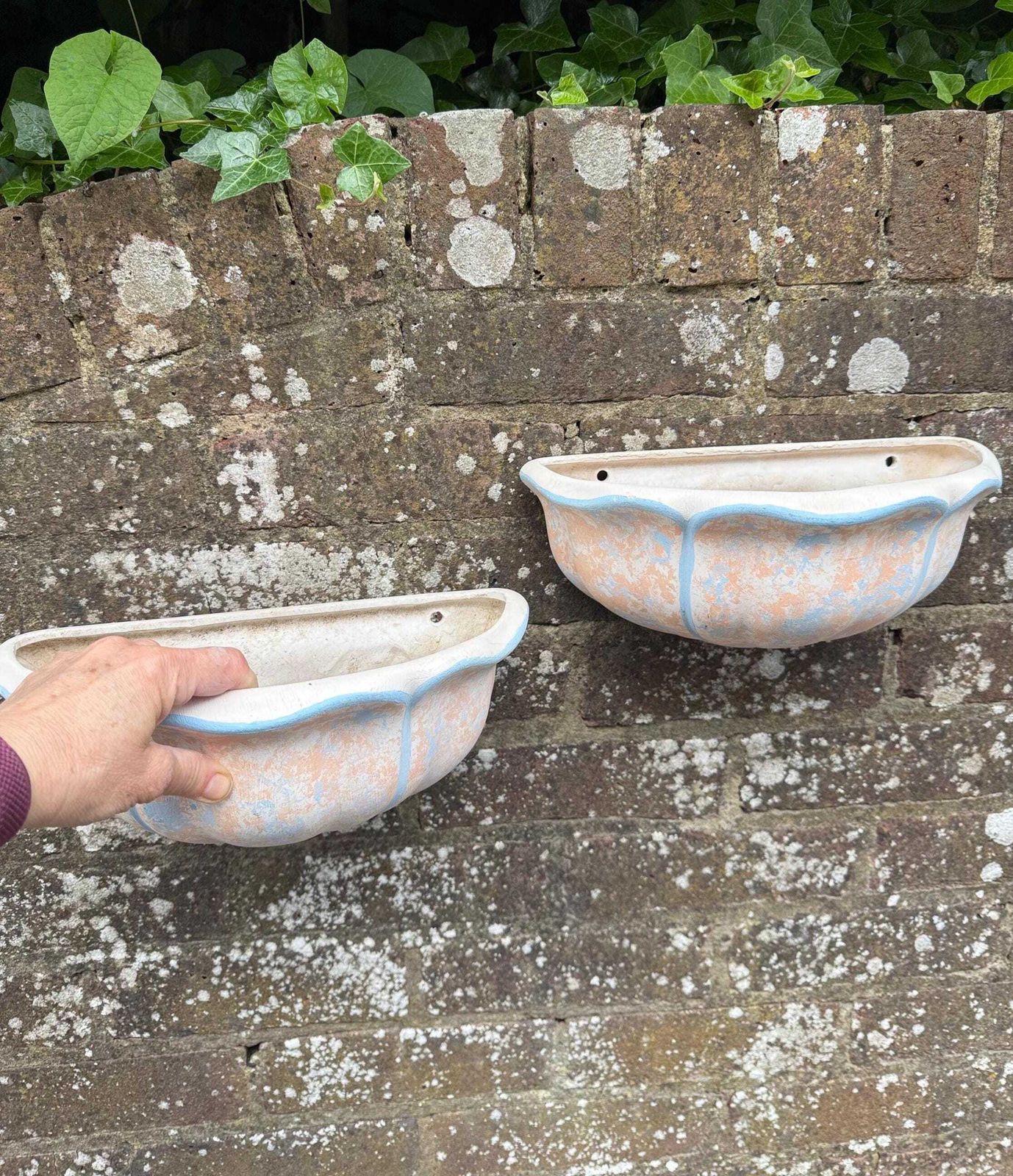 Vintage Ceramic Wall Planters In Peach & Blue Patina – 1980s, Mediterranean Garden Courtyard Look; Sconce Outdoor Light Shell Shaped