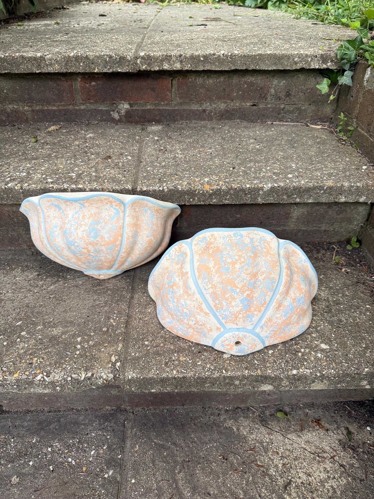 Vintage Ceramic Wall Planters In Peach & Blue Patina – 1980s, Mediterranean Garden Courtyard Look; Sconce Outdoor Light Shell Shaped photo furniture