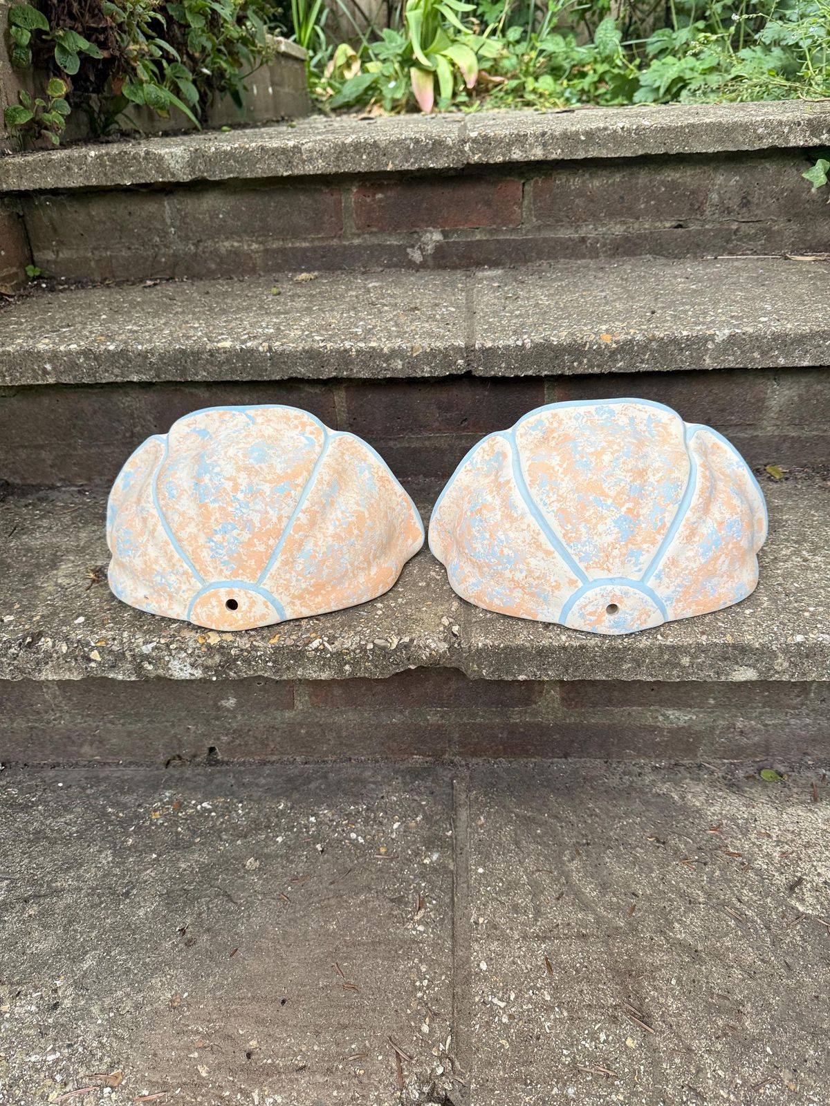 Vintage Ceramic Wall Planters In Peach & Blue Patina – 1980s, Mediterranean Garden Courtyard Look; Sconce Outdoor Light Shell Shaped photo Garden Decor