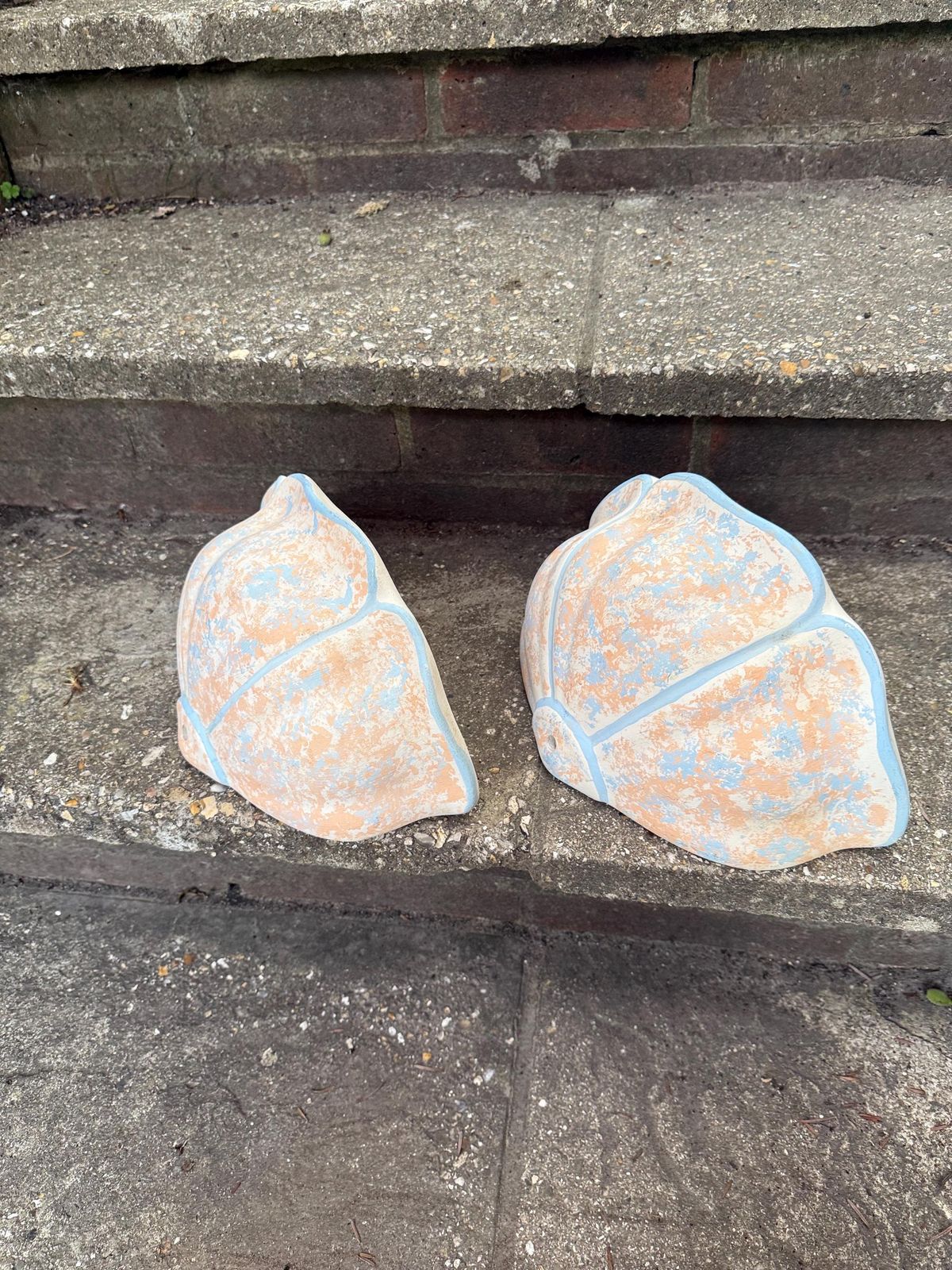 Vintage Ceramic Wall Planters In Peach & Blue Patina – 1980s, Mediterranean Garden Courtyard Look; Sconce Outdoor Light Shell Shaped photo 78.0