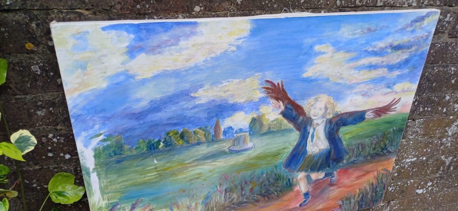Original Acrylic Painting On Canvas Of Joyful Child Running In Nature | Whimsical Icarus Inspired Art | Impressionist Painting 81 X 59cm photo for sale