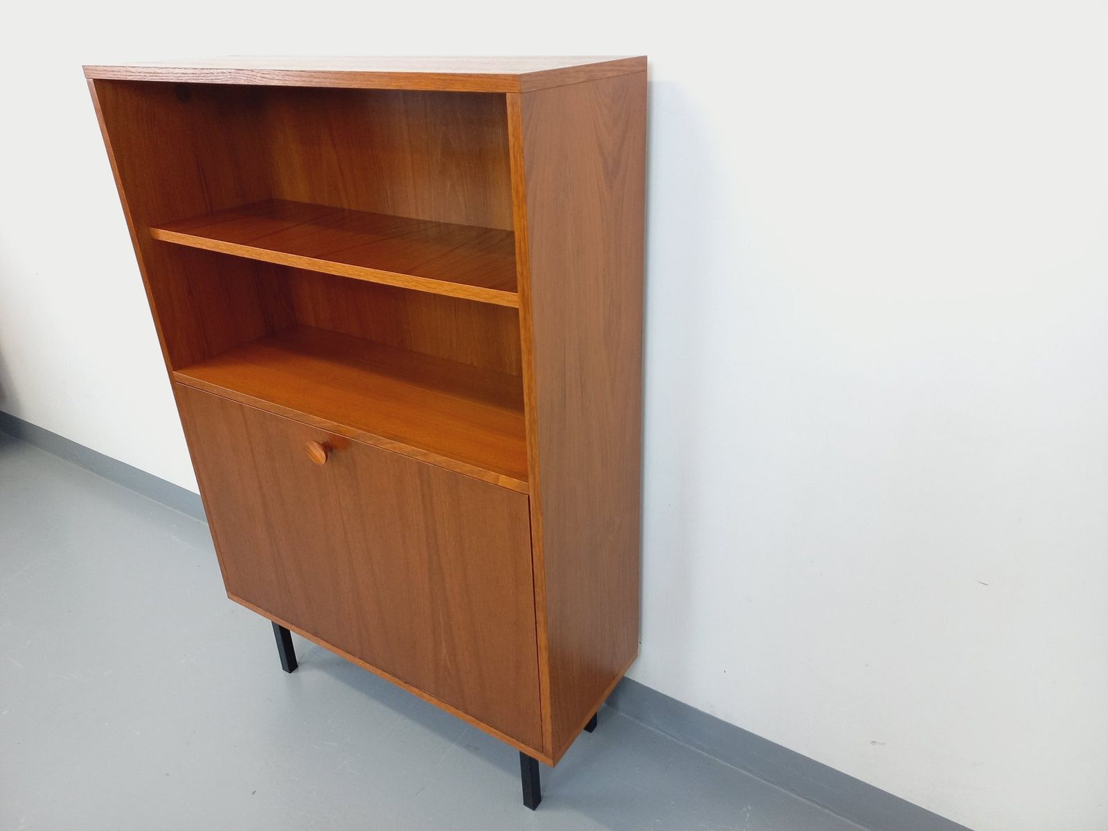 Modernist Bookcase 2 In Teak And Black Metal Legs photo for sale
